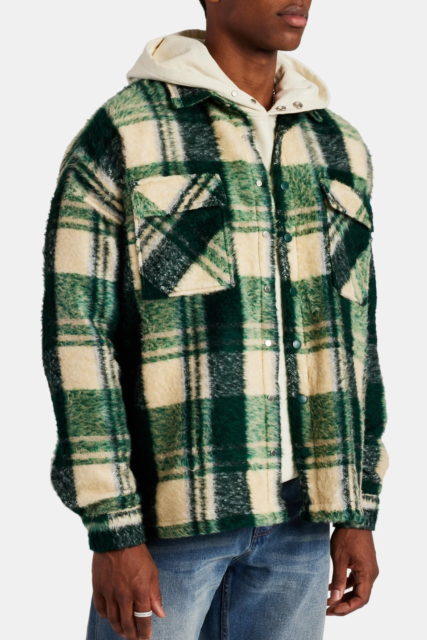 Brushed Check Lined Overshirt - Green - Image 4