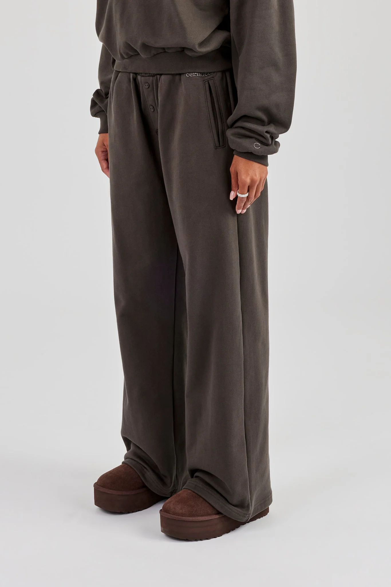 Buttoned Detail Wide Leg Jogger - Coffee - Image 2