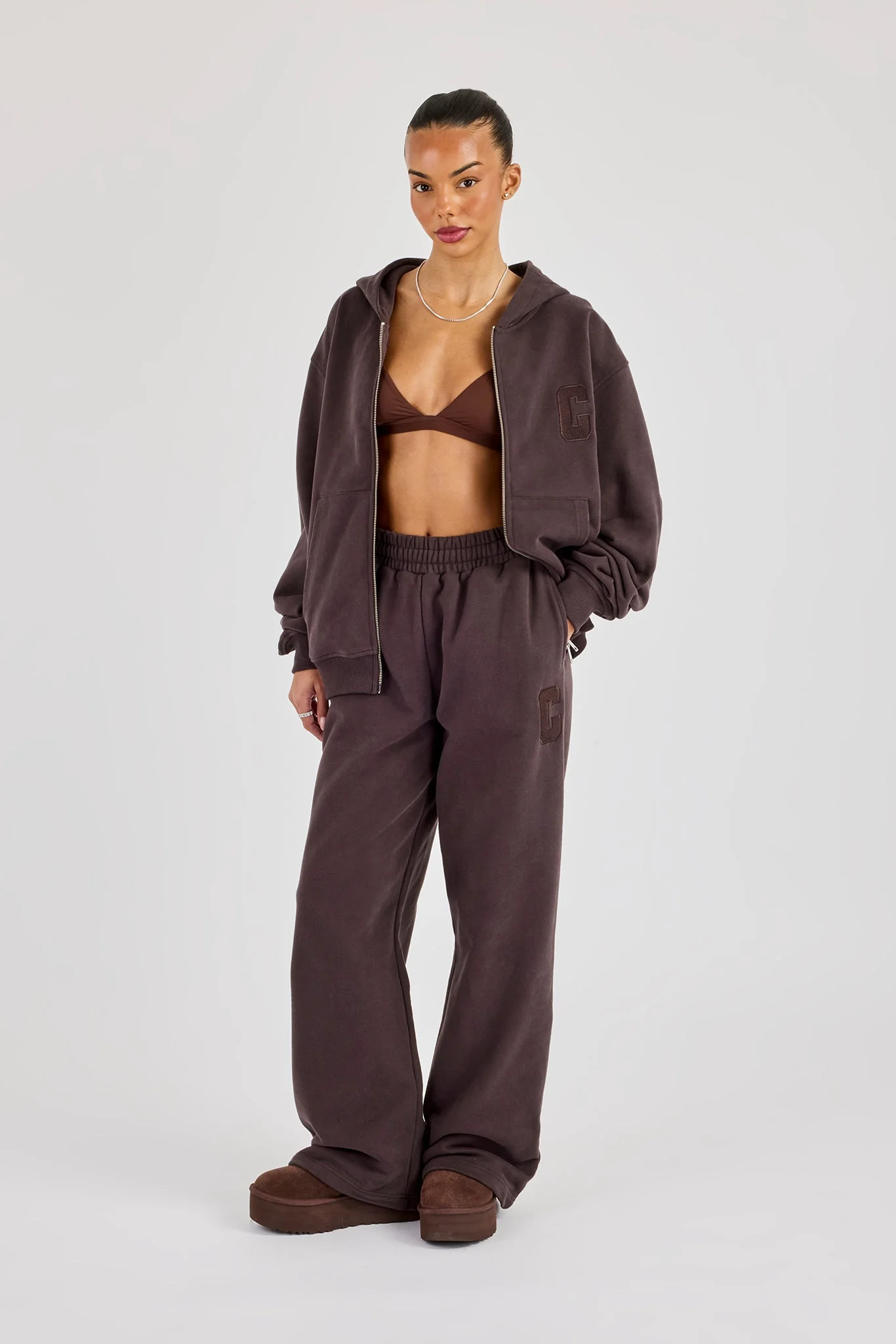 C Embroidered Zip Through Hoodie & Wide Leg Jogger - Coffee - Image 3