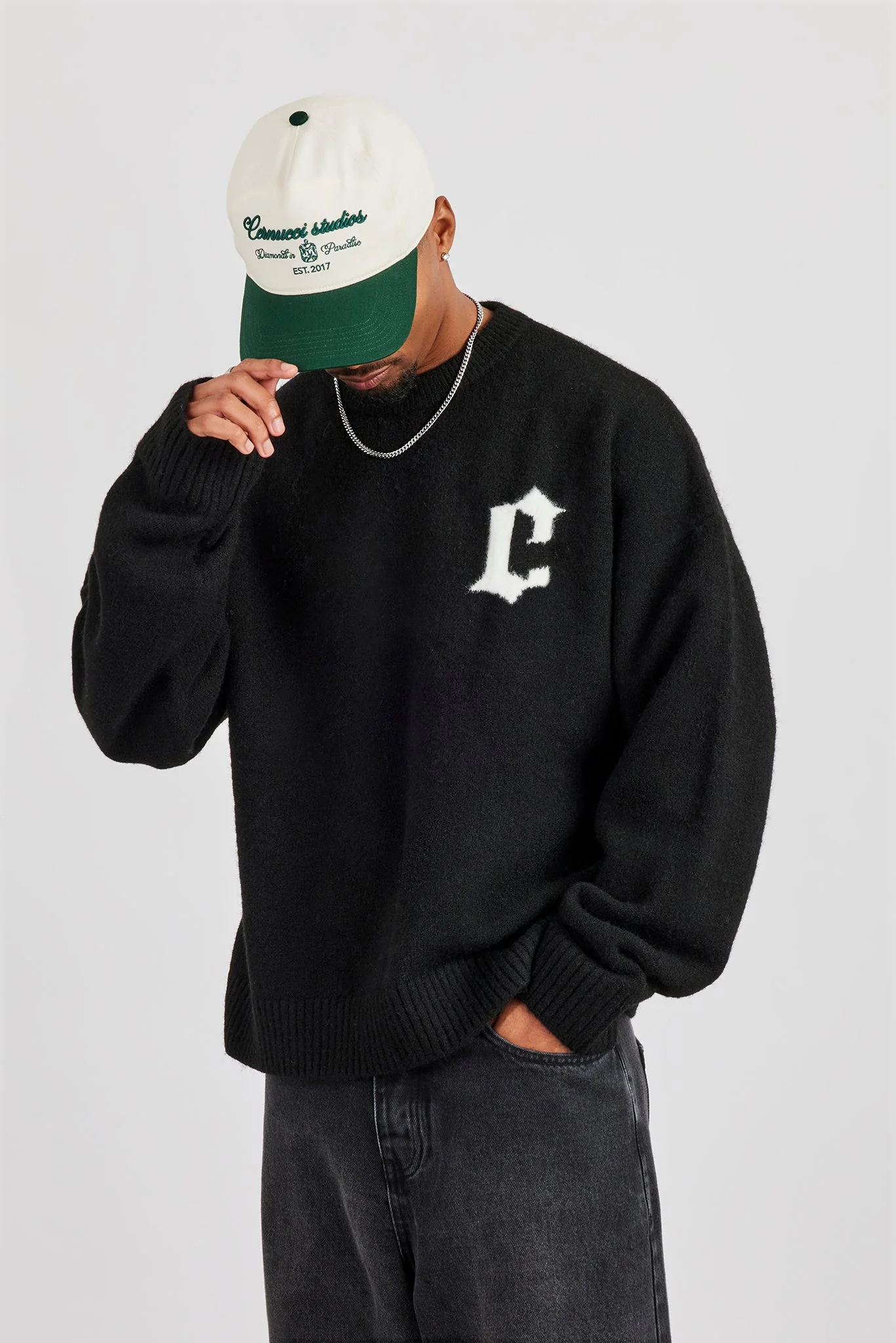 C Intarsia Knitted Sweatshirt - Black - Image 4