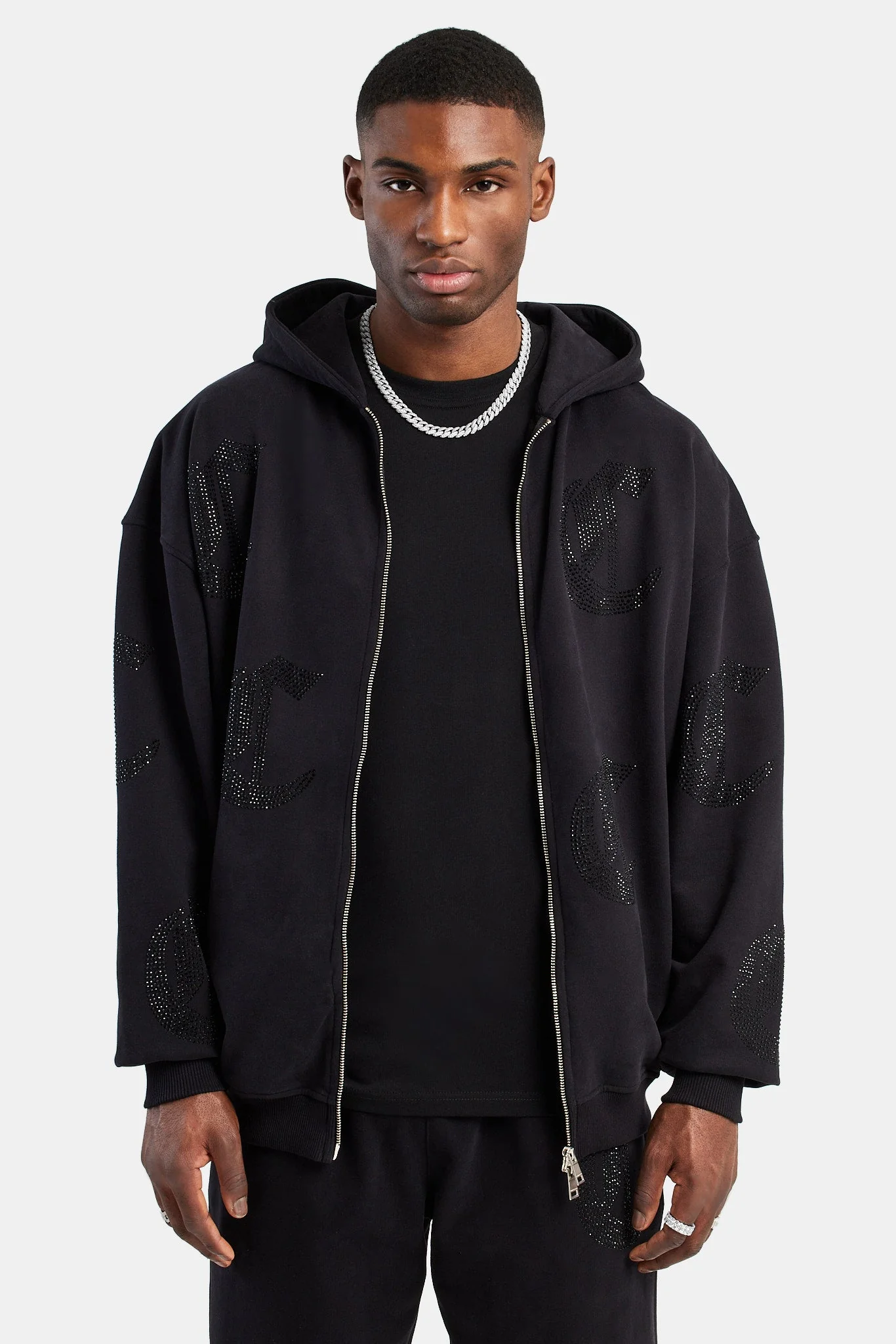 C Repeat Rhinestone Zip Through Hoodie - Black - Image 3