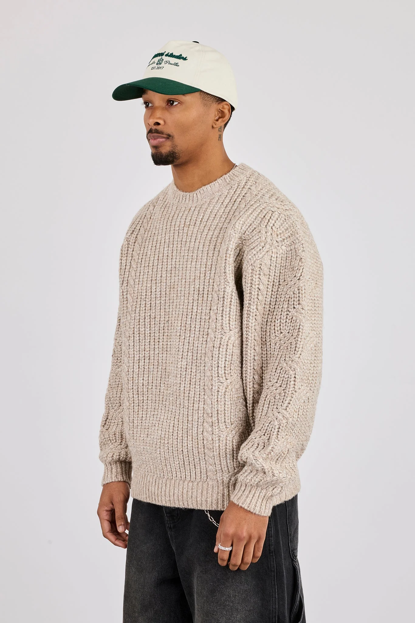 Cable Knit Embroidered Sweatshirt - Beige - Image 2