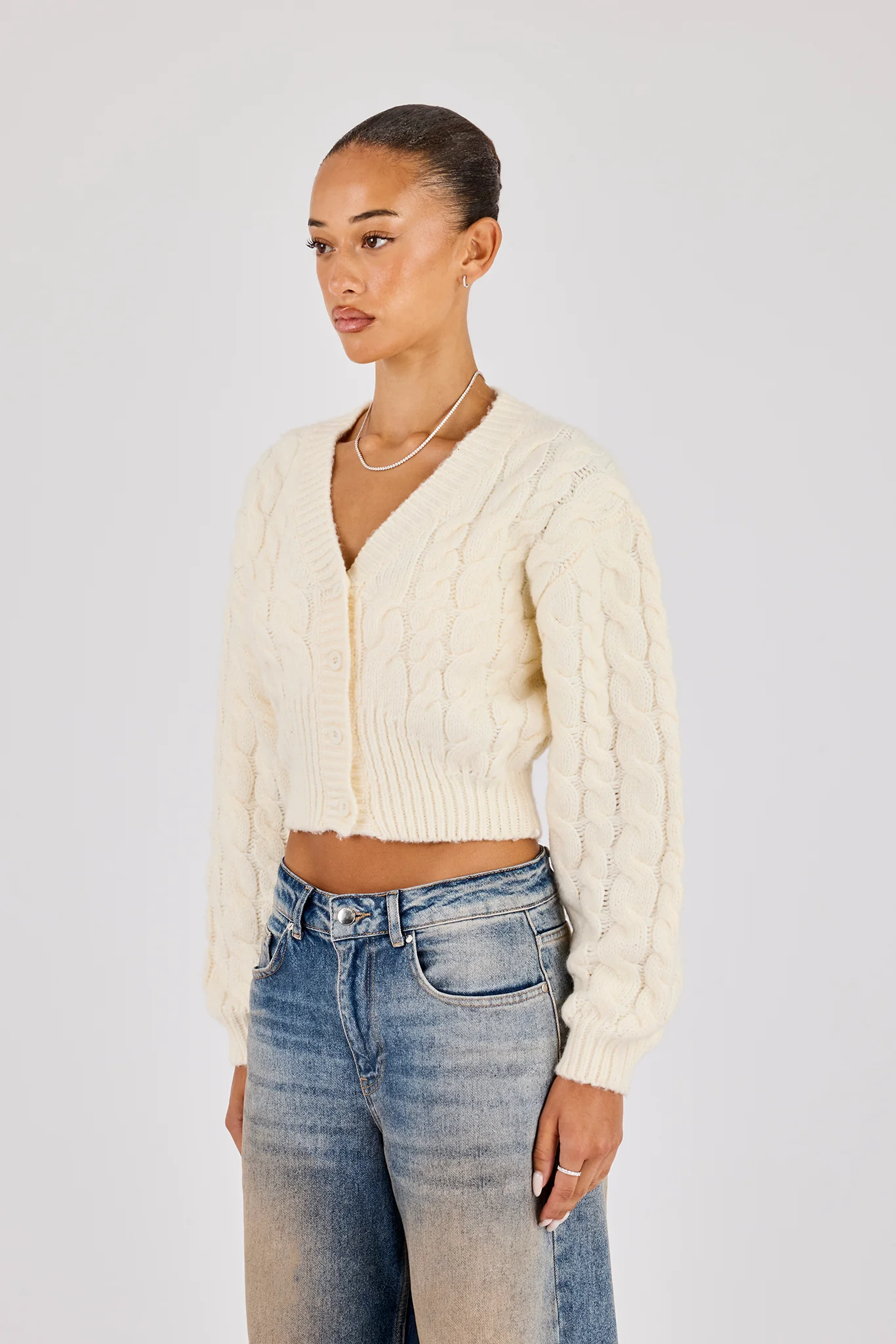 Cable Knit V Neck Cardigan - Oatmeal - Image 3