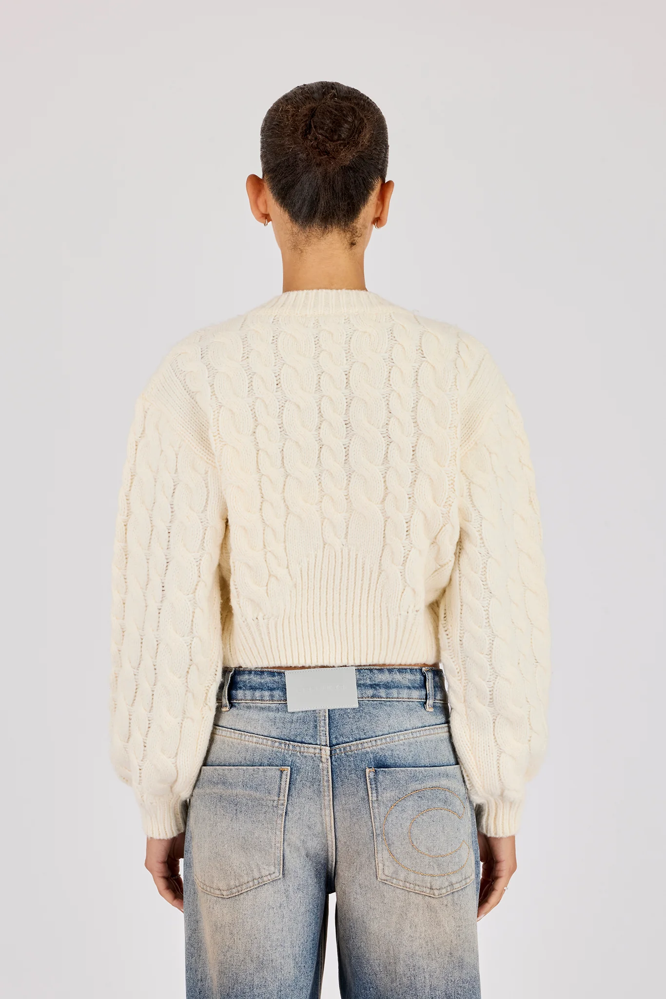 Cable Knit V Neck Cardigan - Oatmeal - Image 4