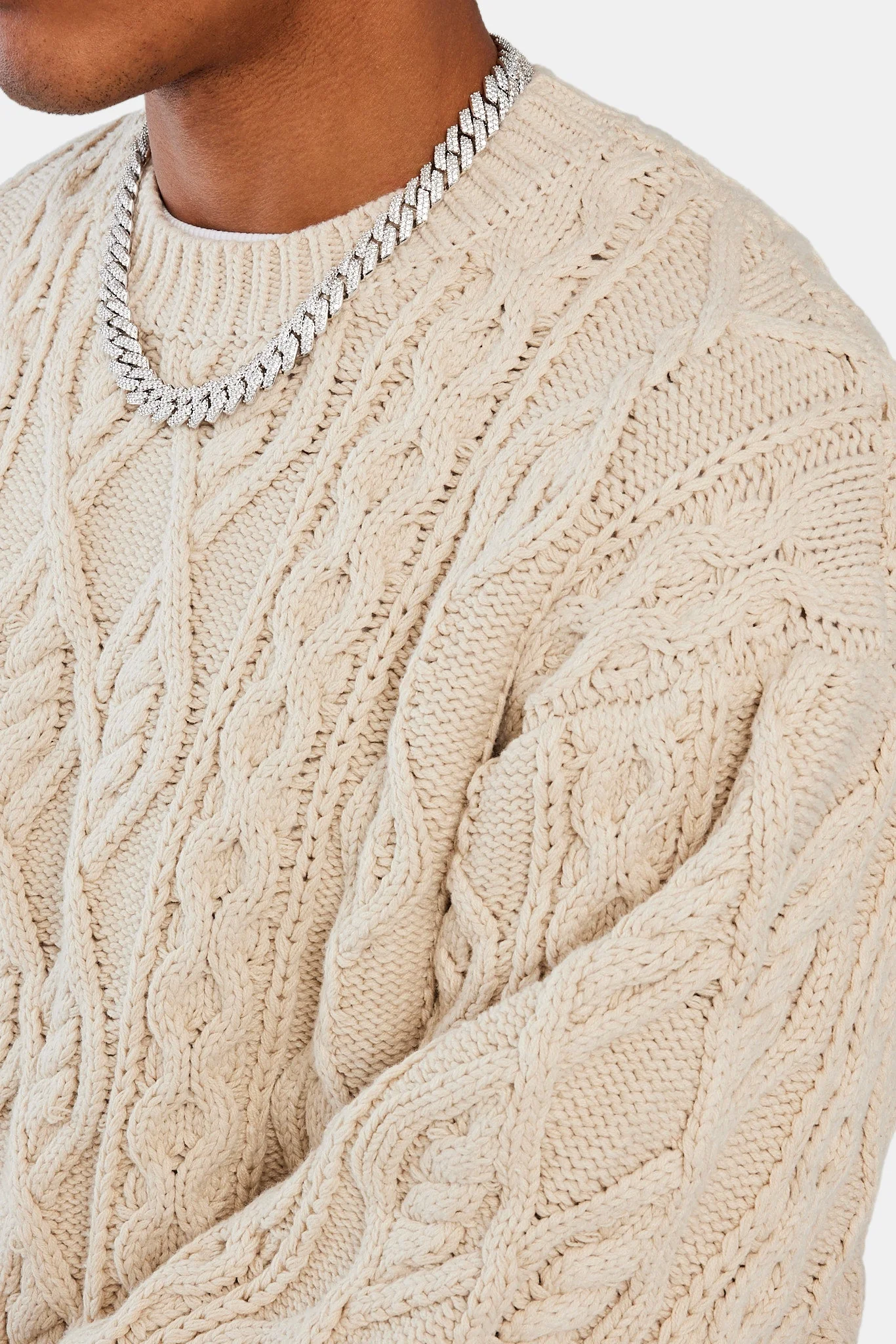 Cable Knit Varsity Sweater - Beige - Image 3
