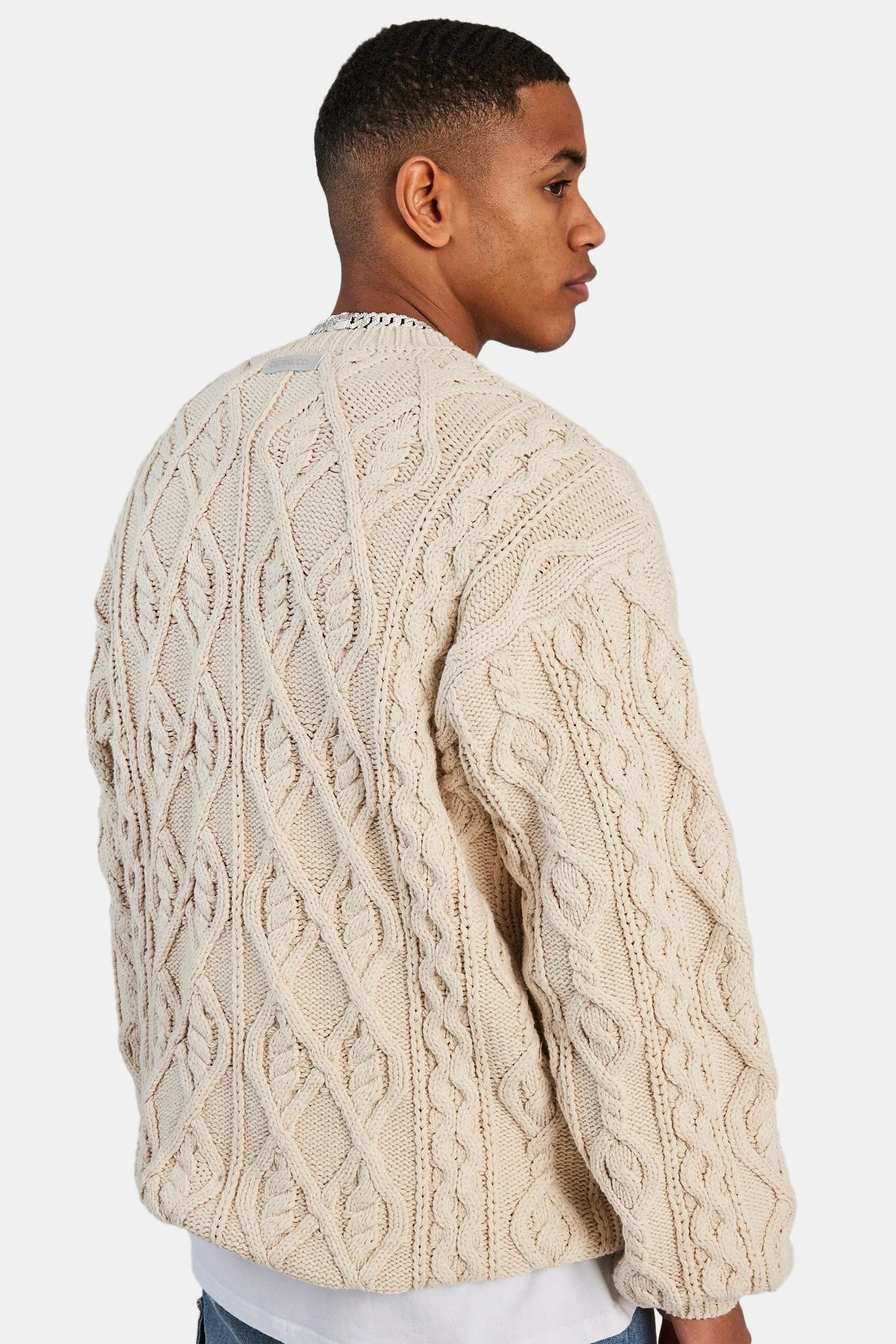 Cable Knit Varsity Sweater - Beige - Image 4
