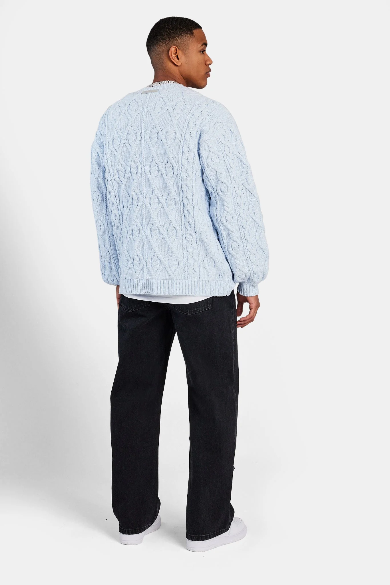Cable Knit Varsity Sweater - Blue - Image 4