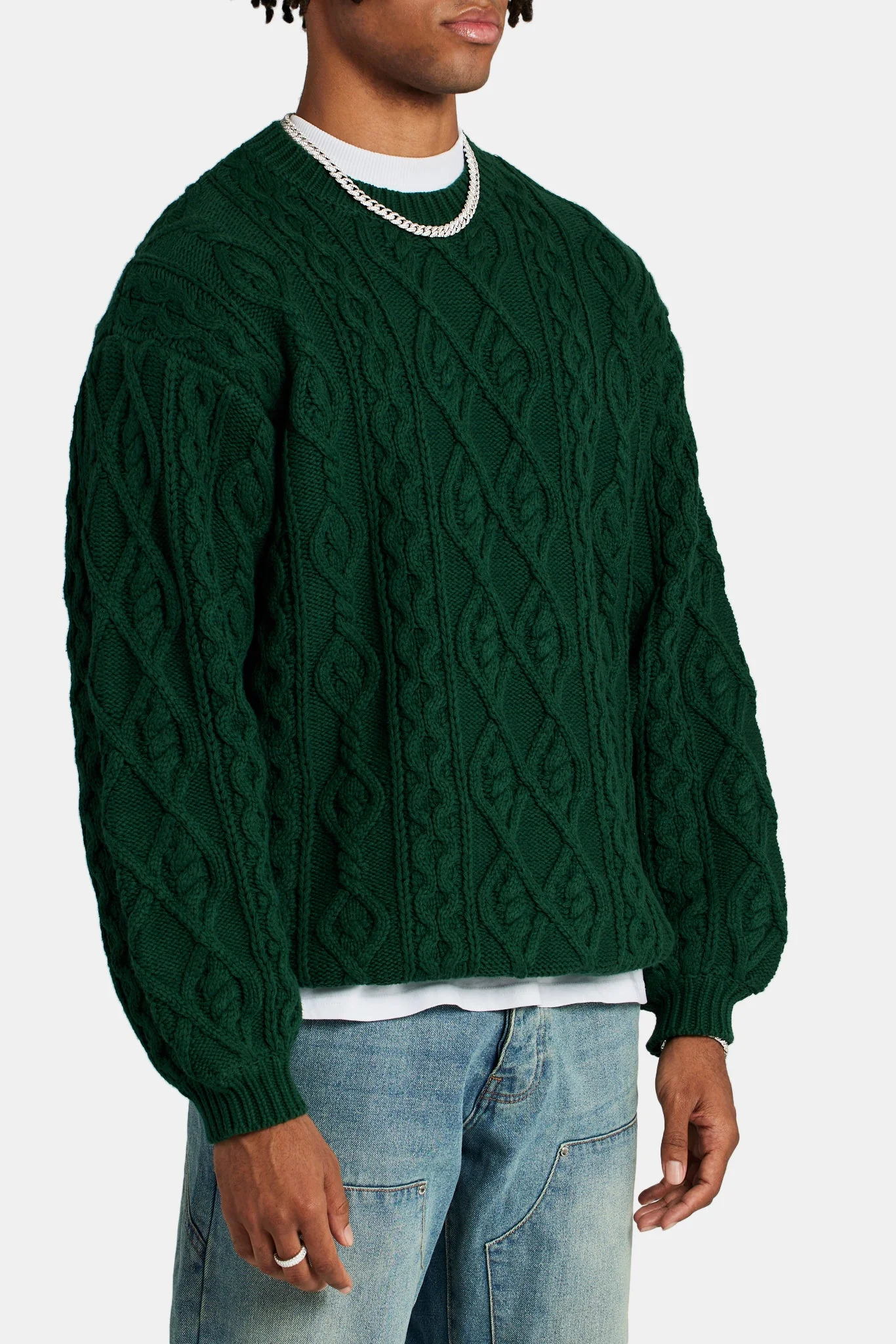Cable Knit Varsity Sweater - Forest Green - Image 3