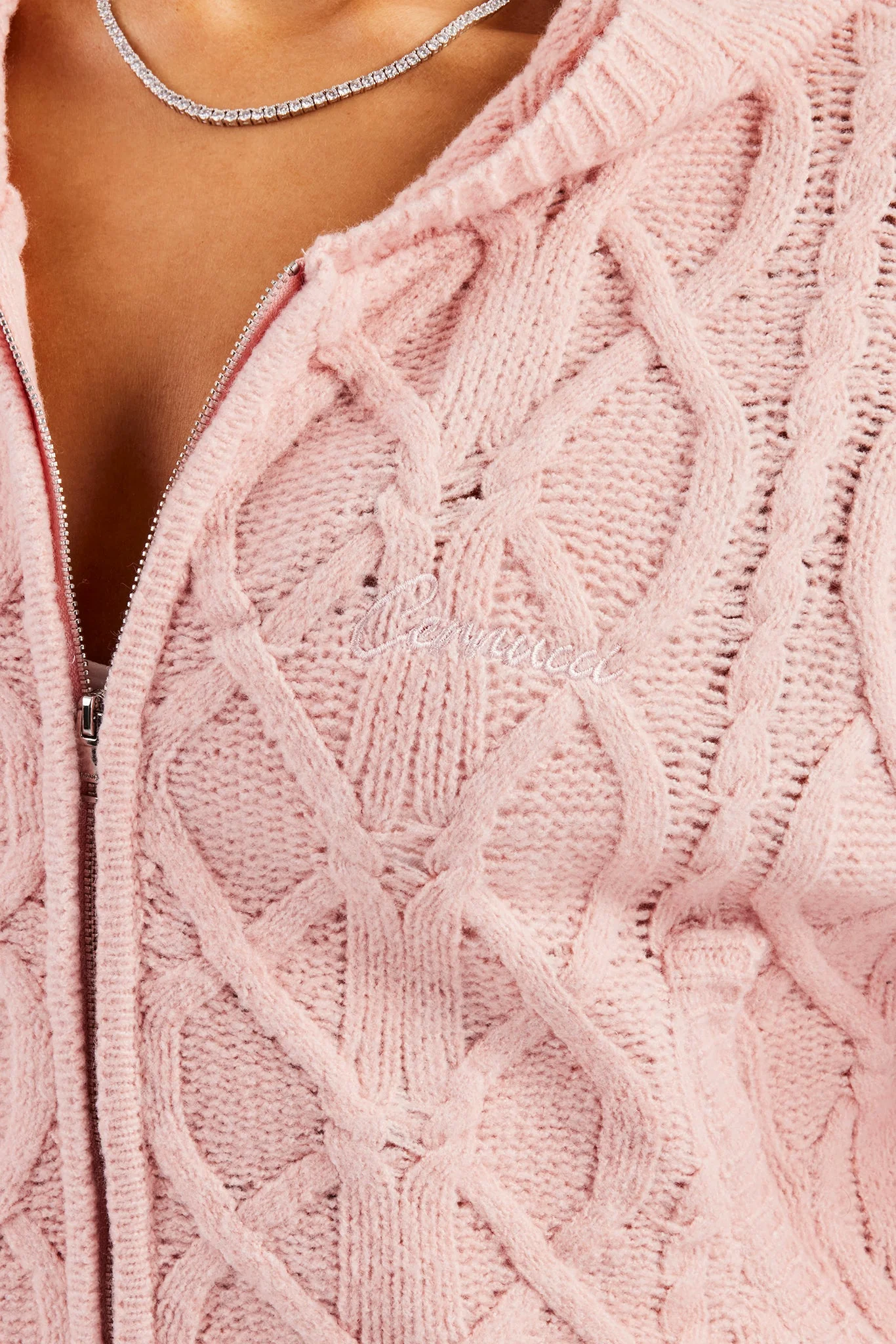 Cable Knit Zip Through Knit Hoodie - Baby Pink - Image 2