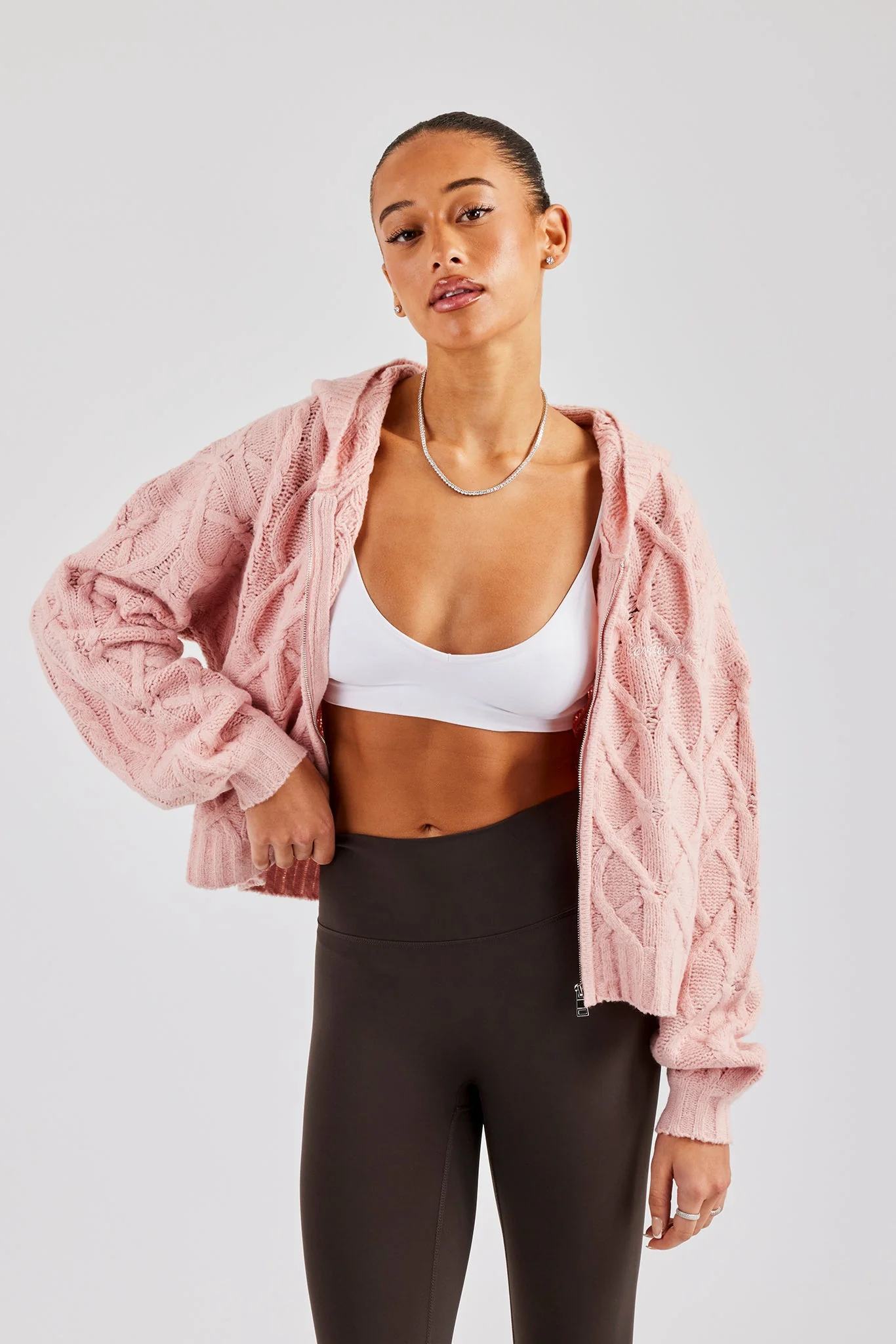Cable Knit Zip Through Knit Hoodie - Baby Pink - Image 3