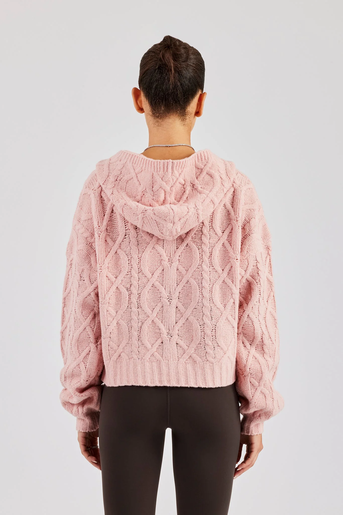 Cable Knit Zip Through Knit Hoodie - Baby Pink - Image 4