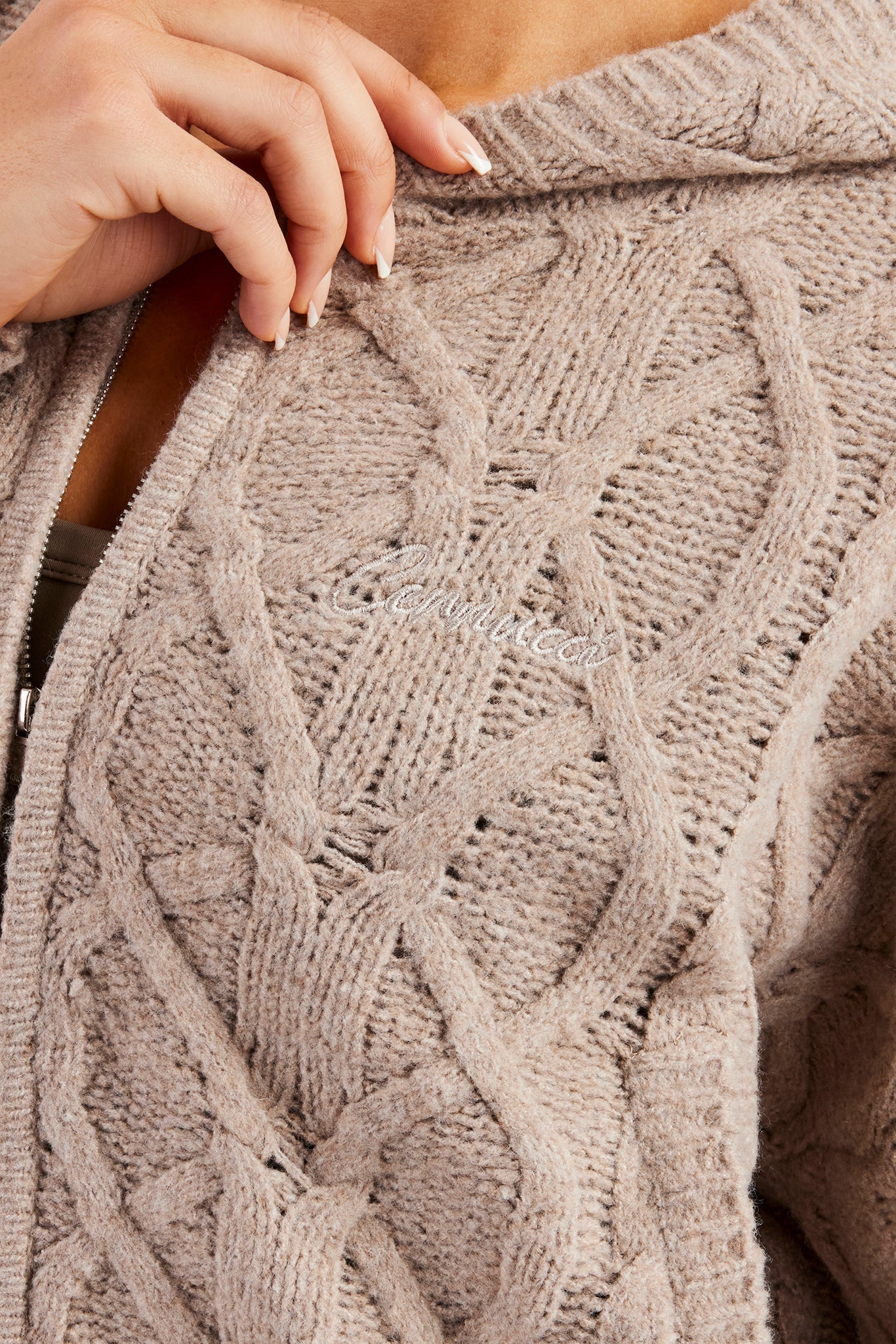 Cable Knit Zip Through Knit Hoodie - Stone - Image 2