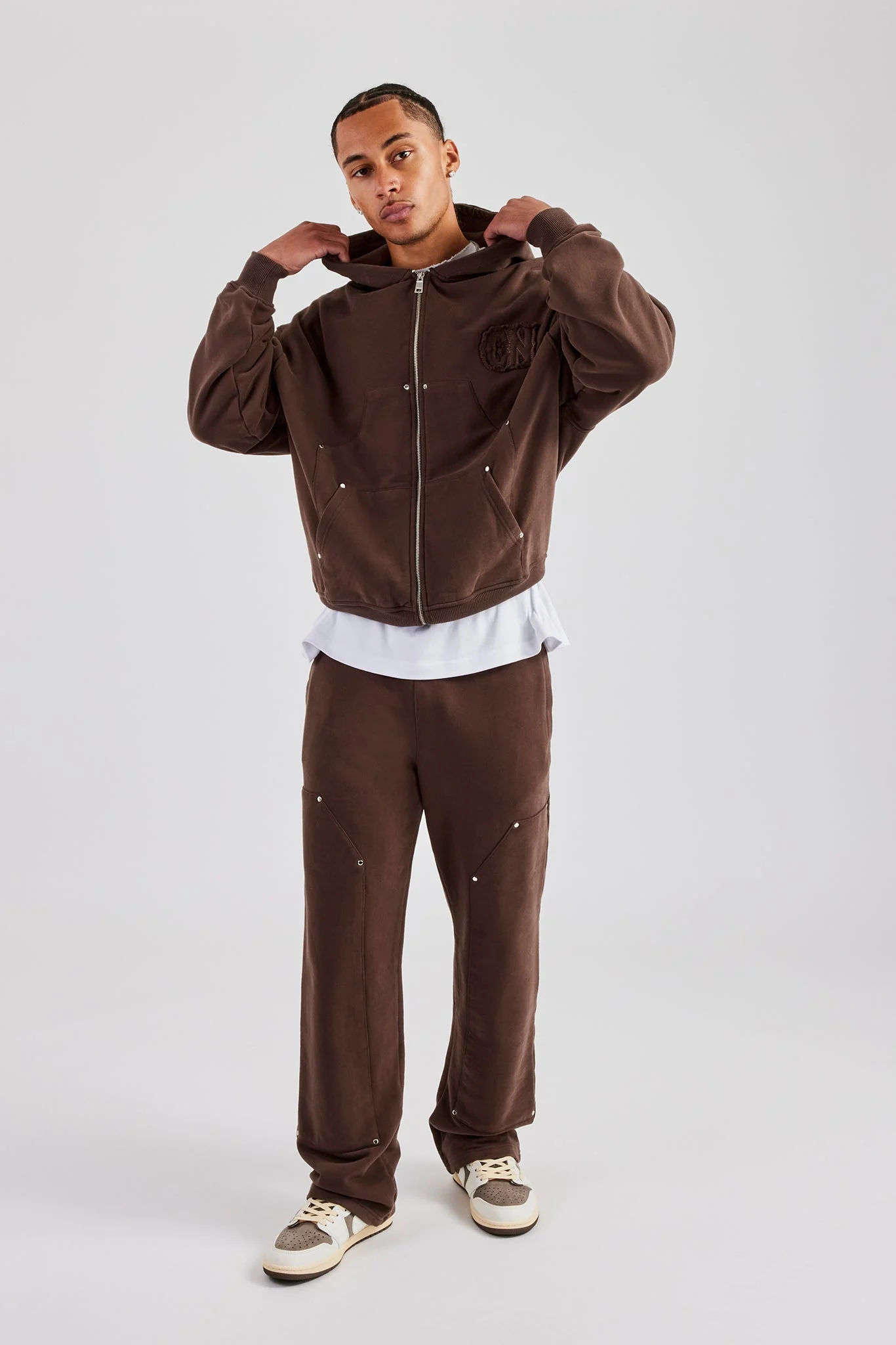 Carpenter Raw Edge Zip Through Hoodie - Chocolate - Image 3