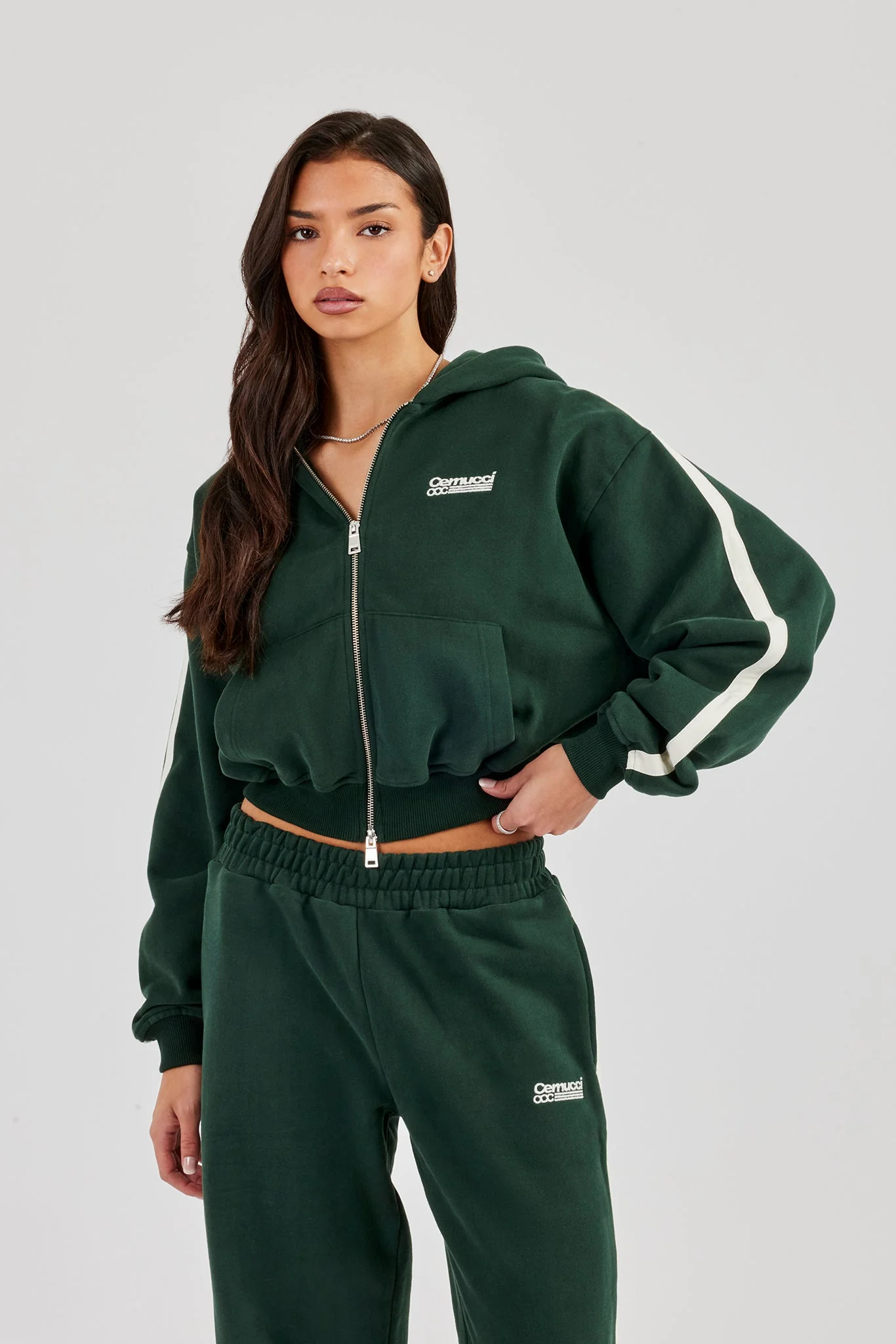 CCC Taping Boxy Zip Through Hoodie - Forest Green - Image 4