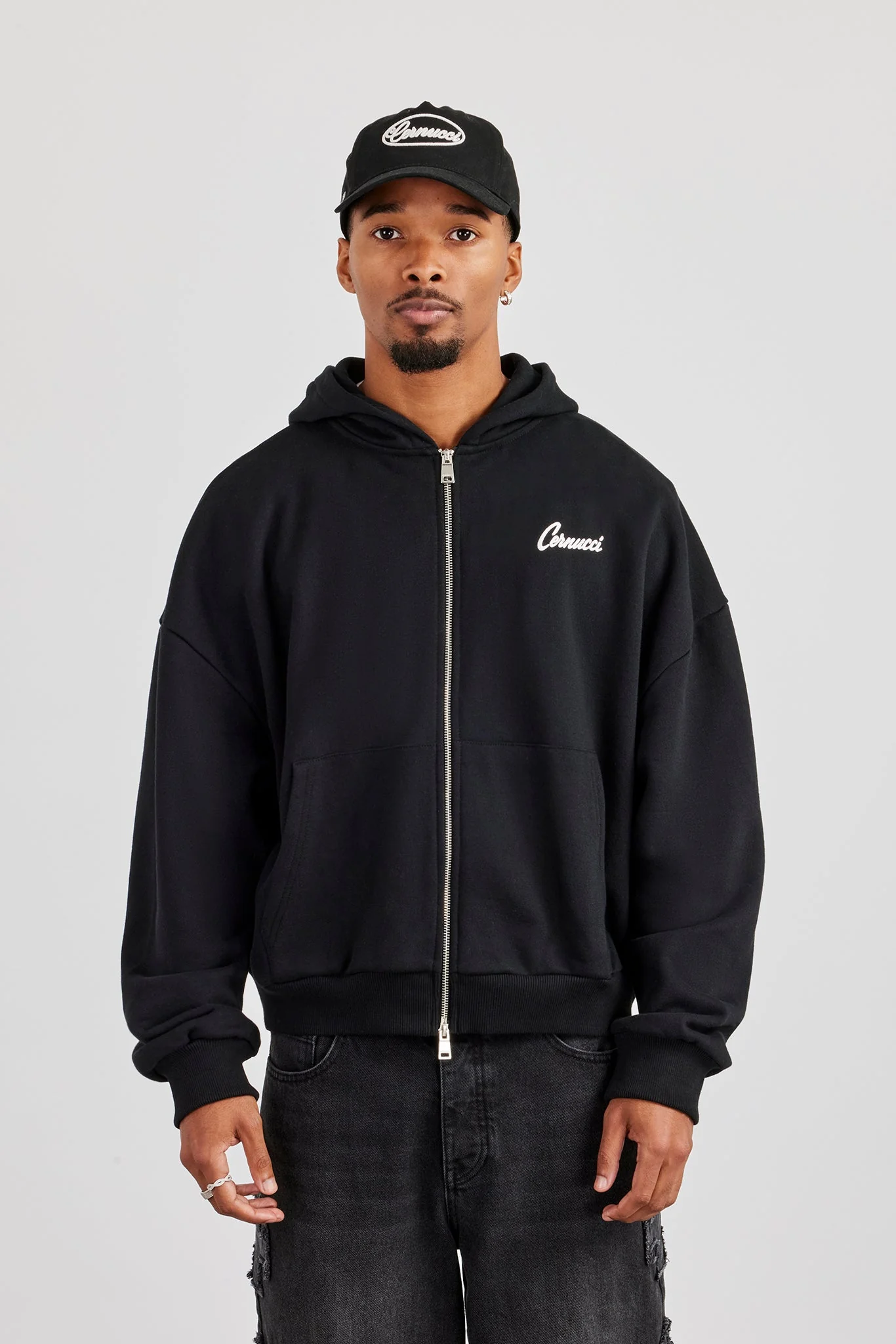 Cernucci Cherub Zip Through Boxy Hoodie - Black - Image 2
