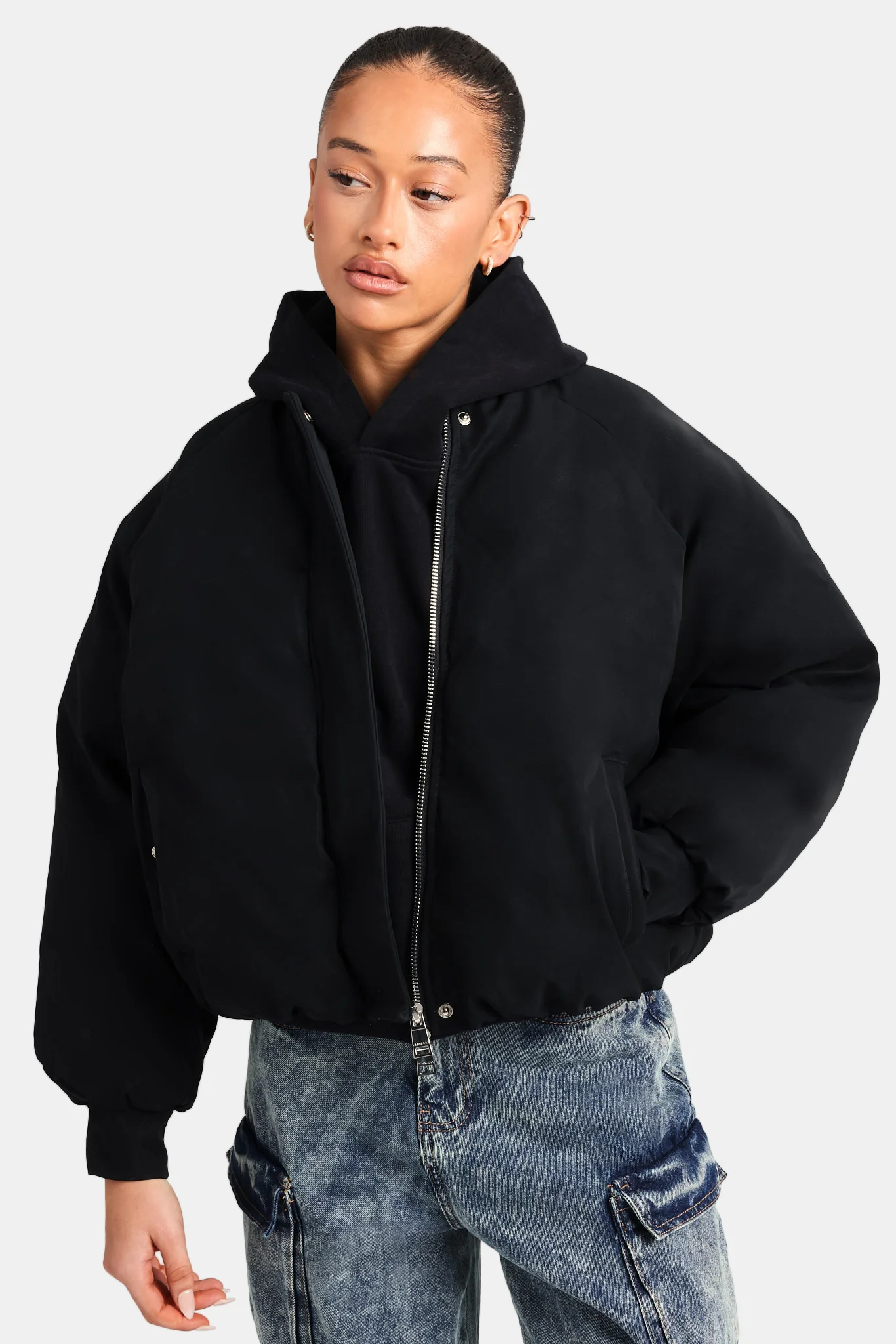 Cernucci Cropped PU Puffer Bomber Jacket - Black - Image 3
