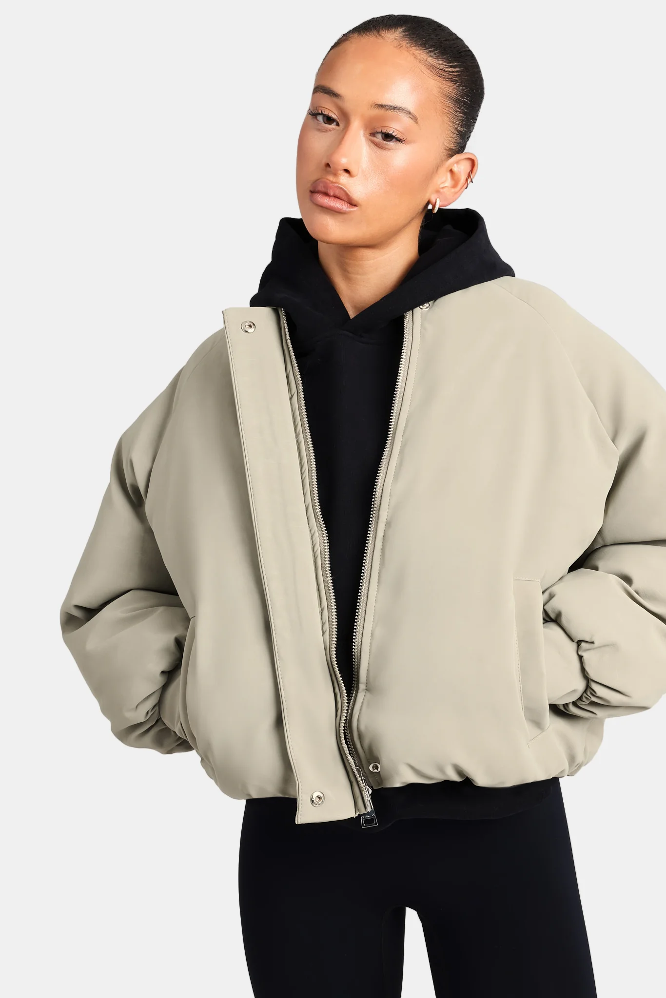 Cernucci Cropped PU Puffer Bomber Jacket - Sage - Image 2