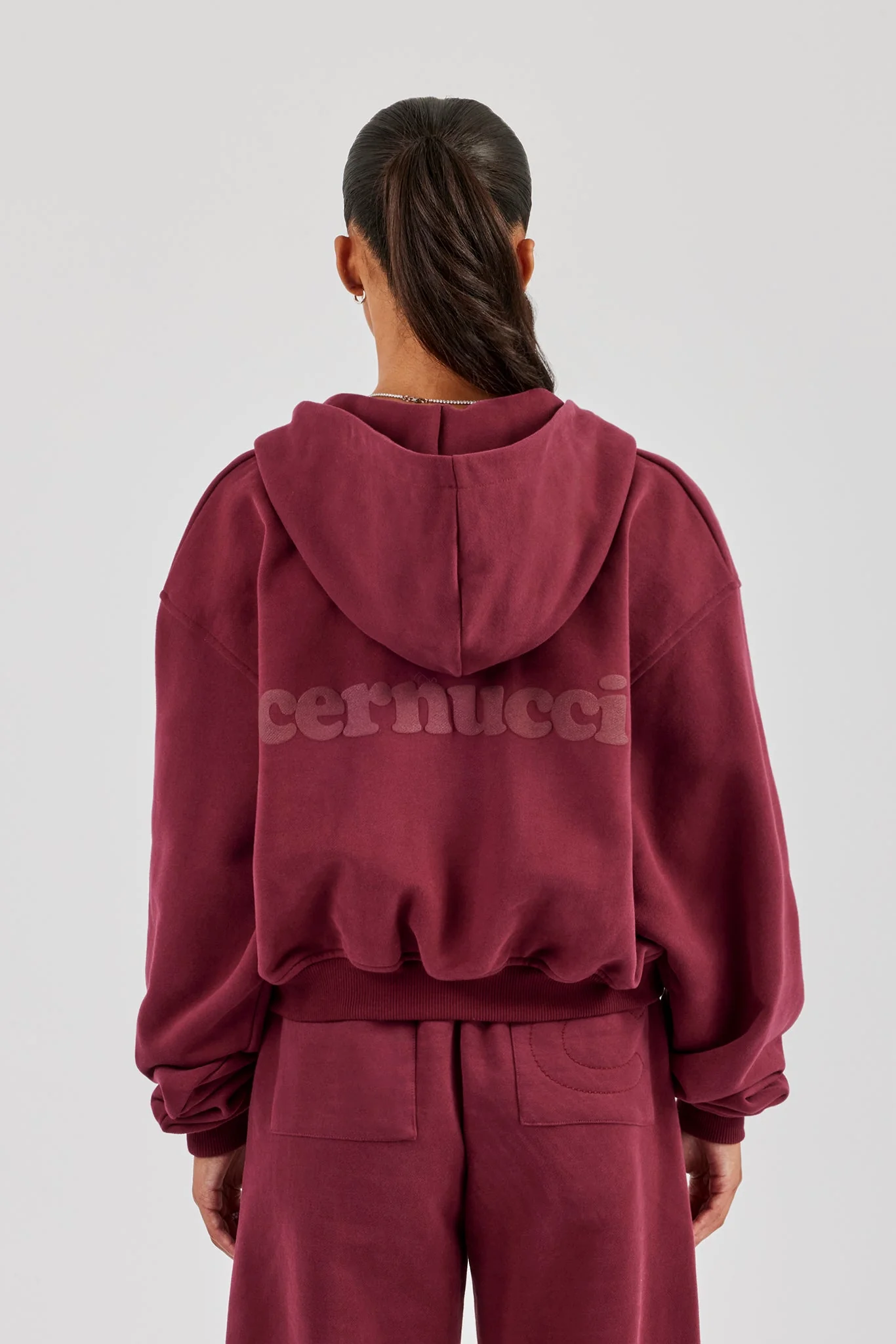 Cernucci Cropped Zip Through Hoodie - Burgundy - Image 2