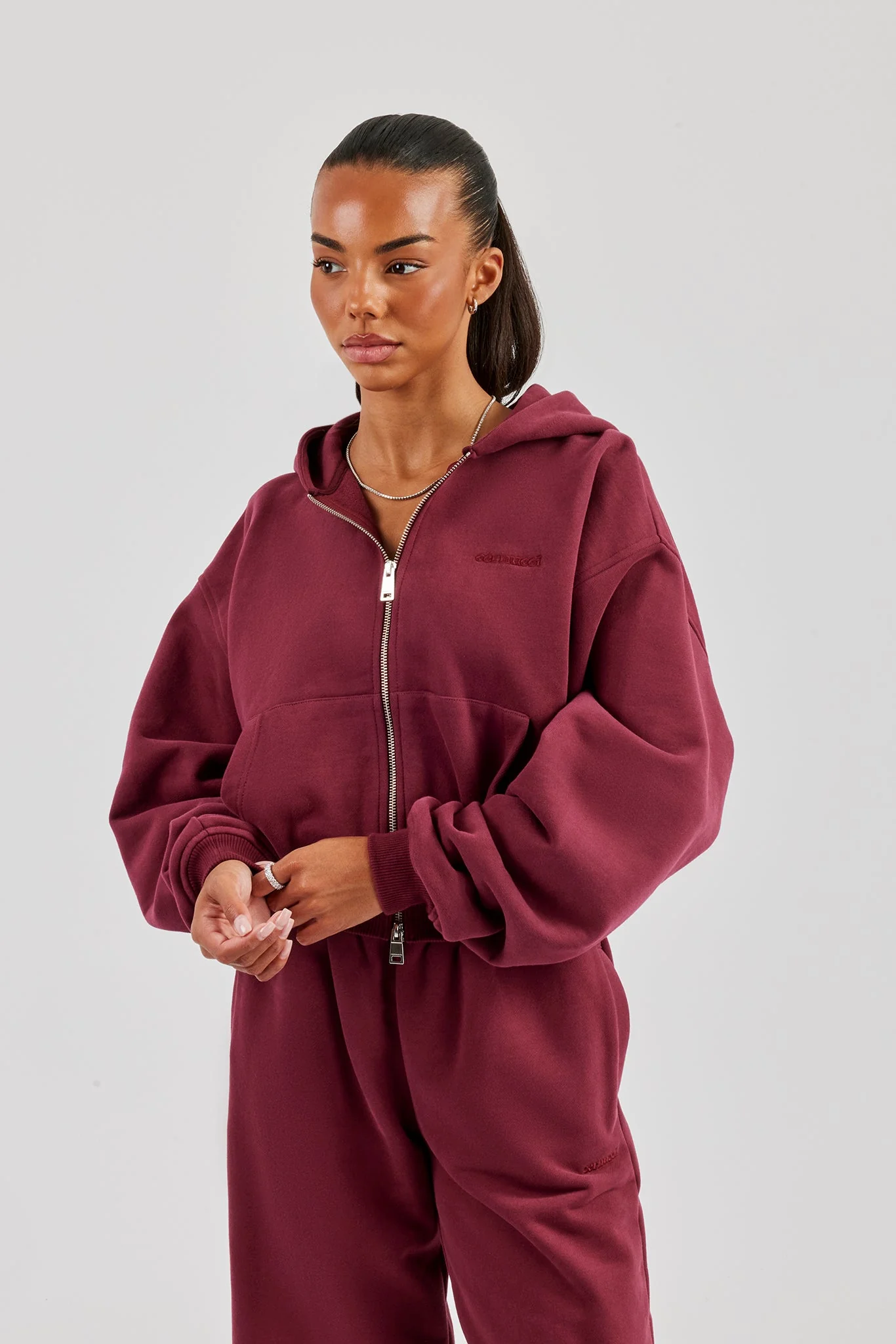 Cernucci Cropped Zip Through Hoodie - Burgundy - Image 4