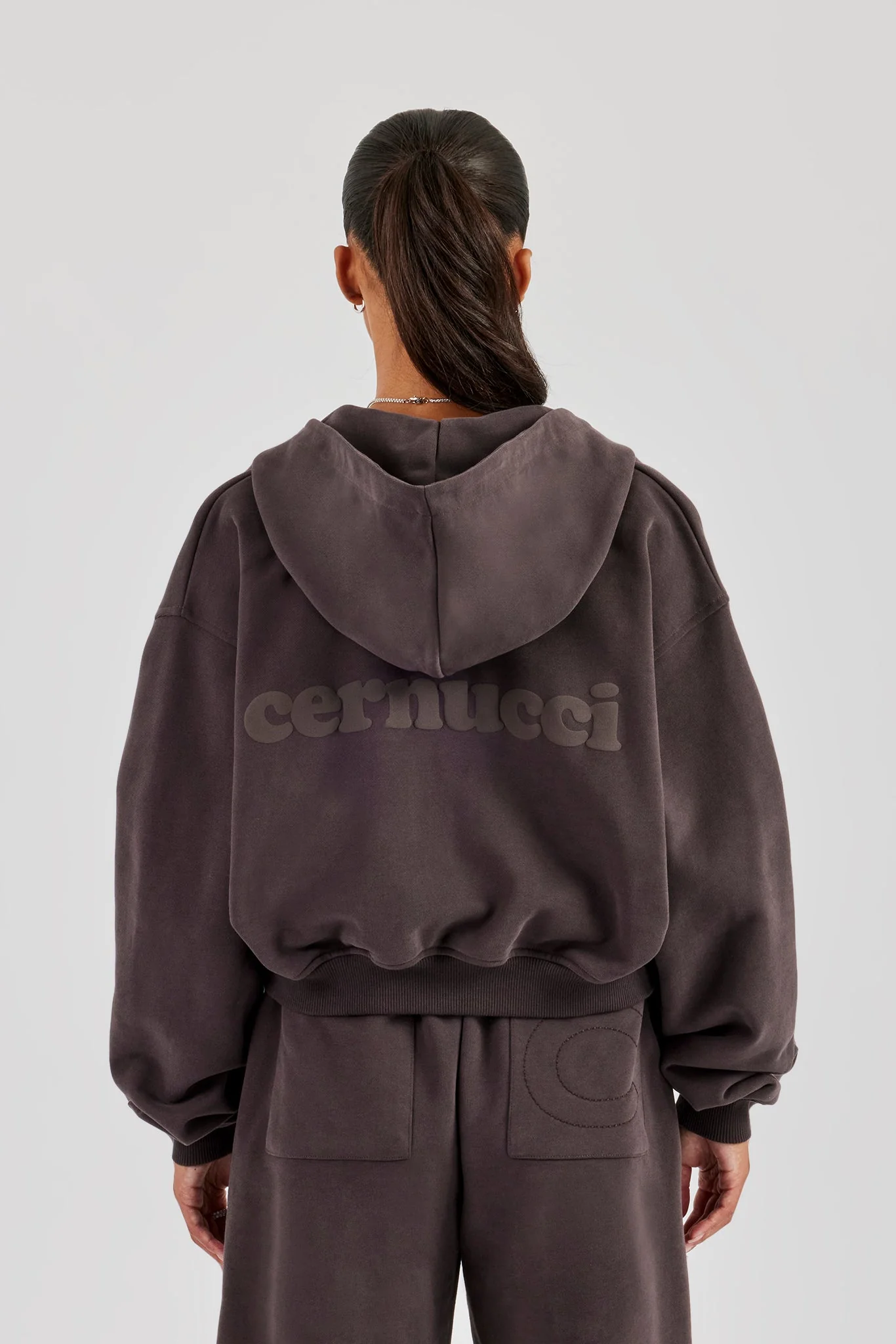 Cernucci Cropped Zip Through Hoodie - Coffee - Image 2
