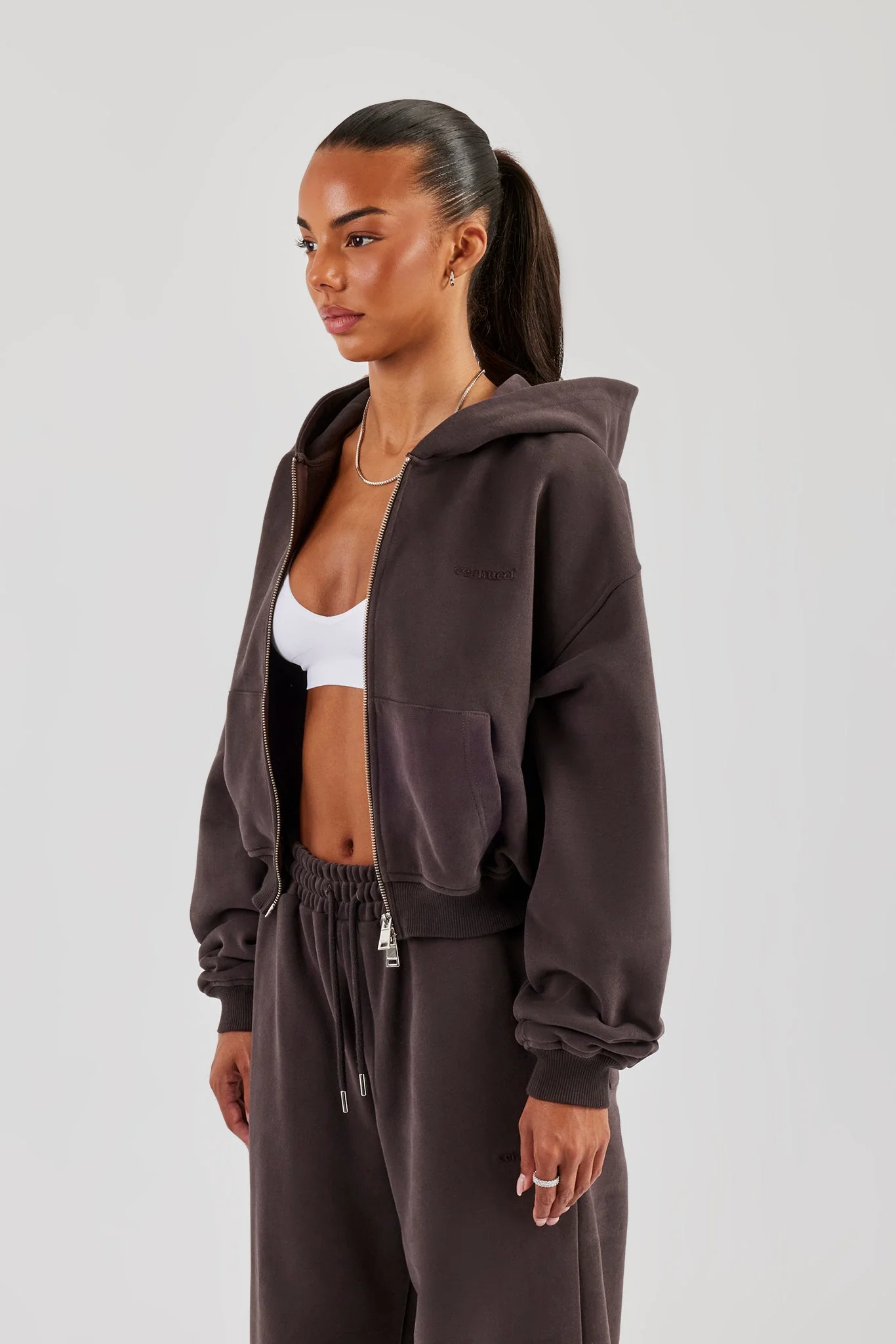 Cernucci Cropped Zip Through Hoodie - Coffee - Image 3