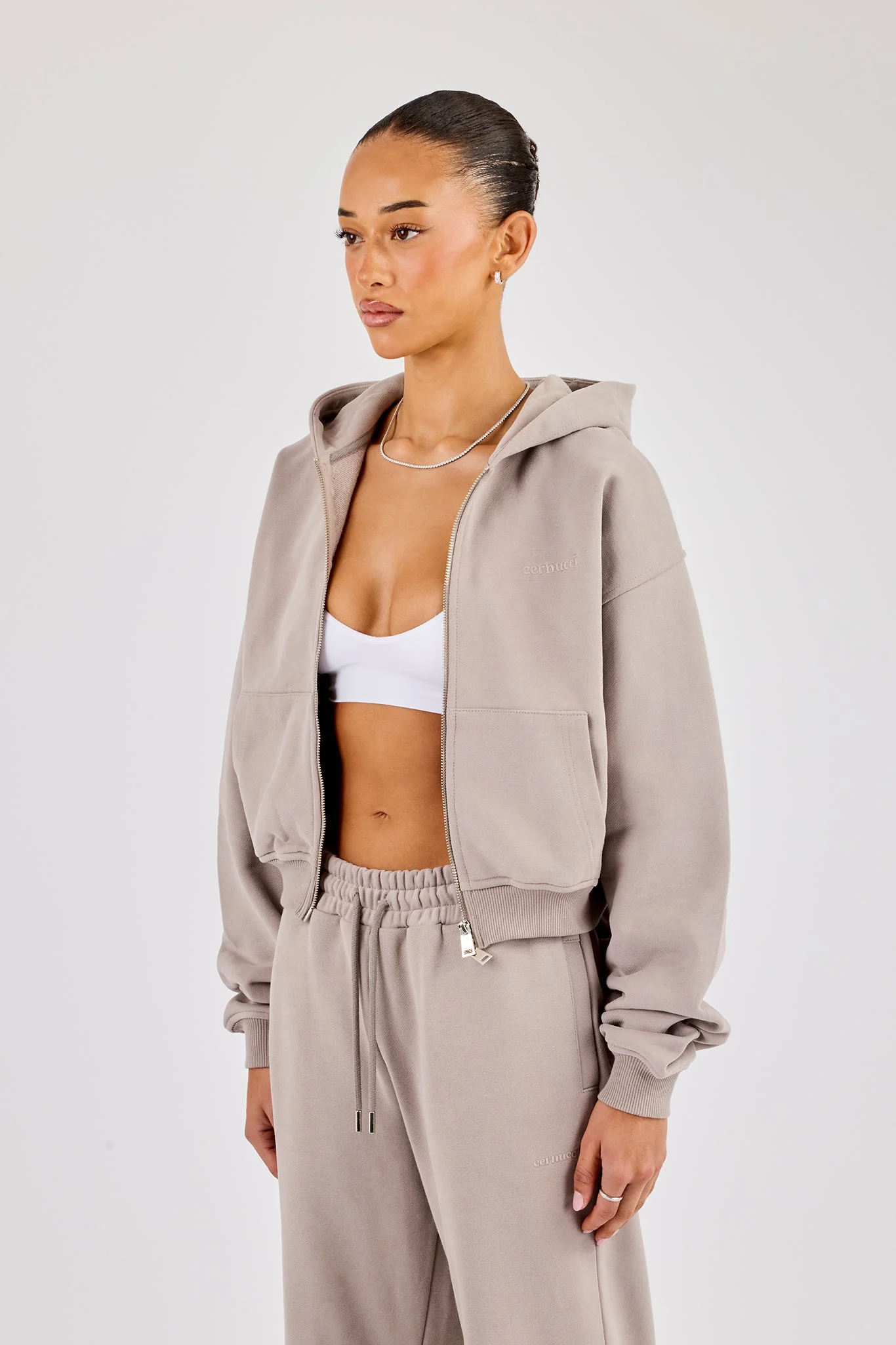 Cernucci Cropped Zip Through Hoodie - Stone - Image 2