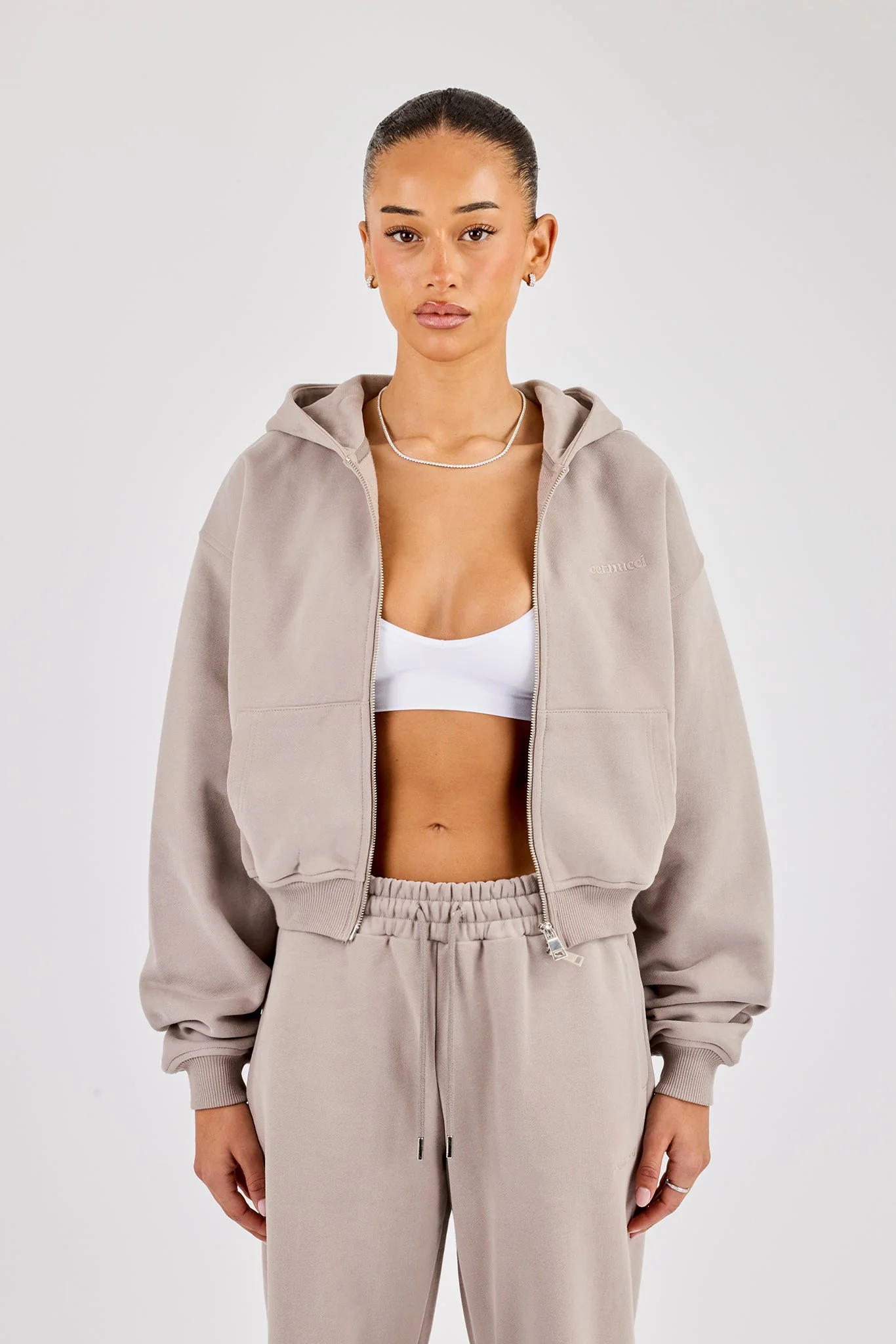 Cernucci Cropped Zip Through Hoodie - Stone - Image 4