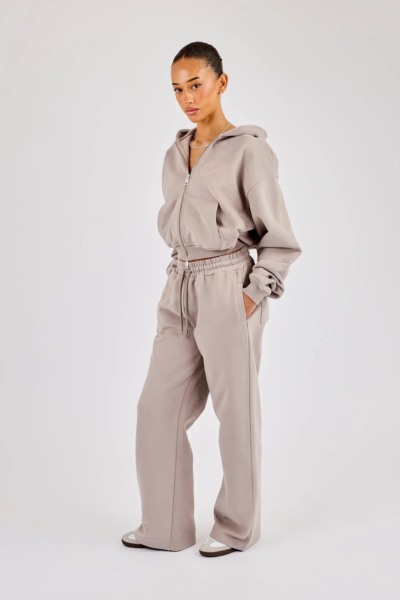 Cernucci Cropped Zip Through Hoodie & Wide Leg Jogger - Stone