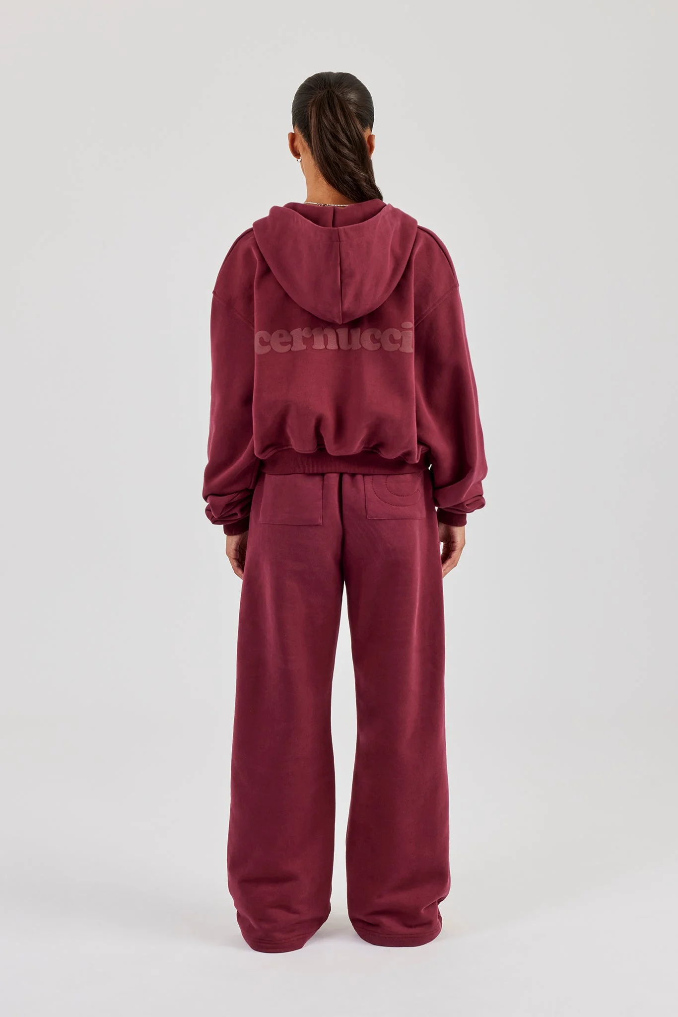 Cernucci Cropped Zip Through Hoodie & Wide Leg Jogger - Burgundy - Image 4