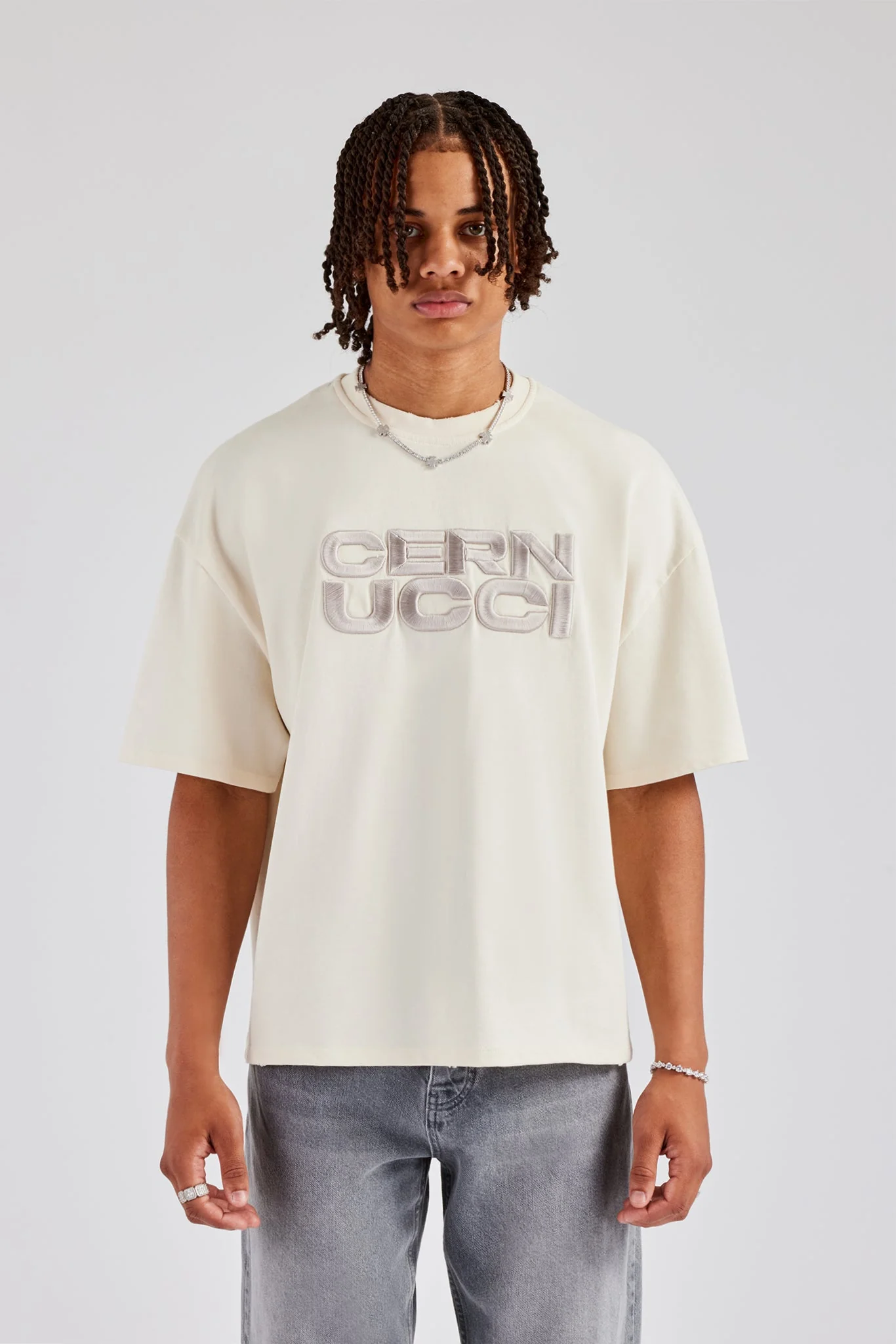 Cernucci Embroidered Boxy Fit T-Shirt - Off White - Image 4