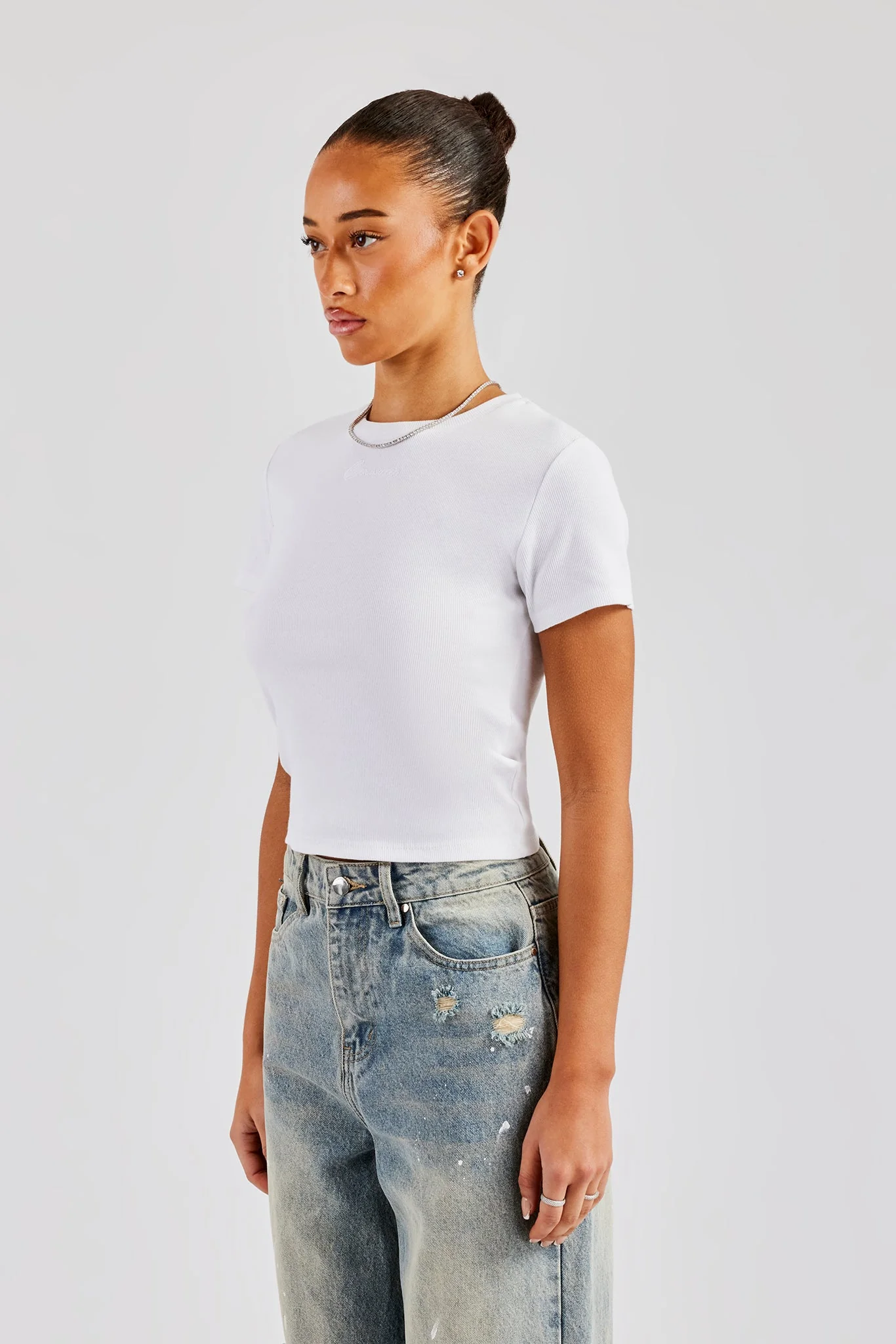 Cernucci Embroidered Rib Baby Tee - White - Image 2