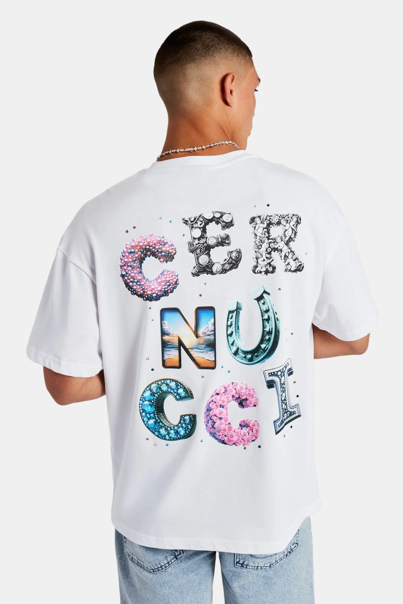 Cernucci Letter Rhinestone Oversized T-Shirt - White