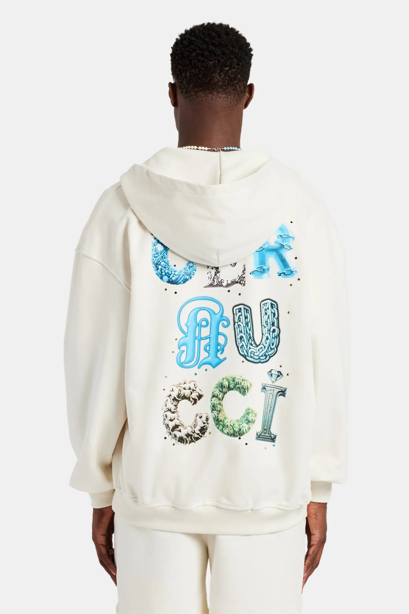 Cernucci Letter Rhinestone Zip Through Hoodie - Off White - Image 2