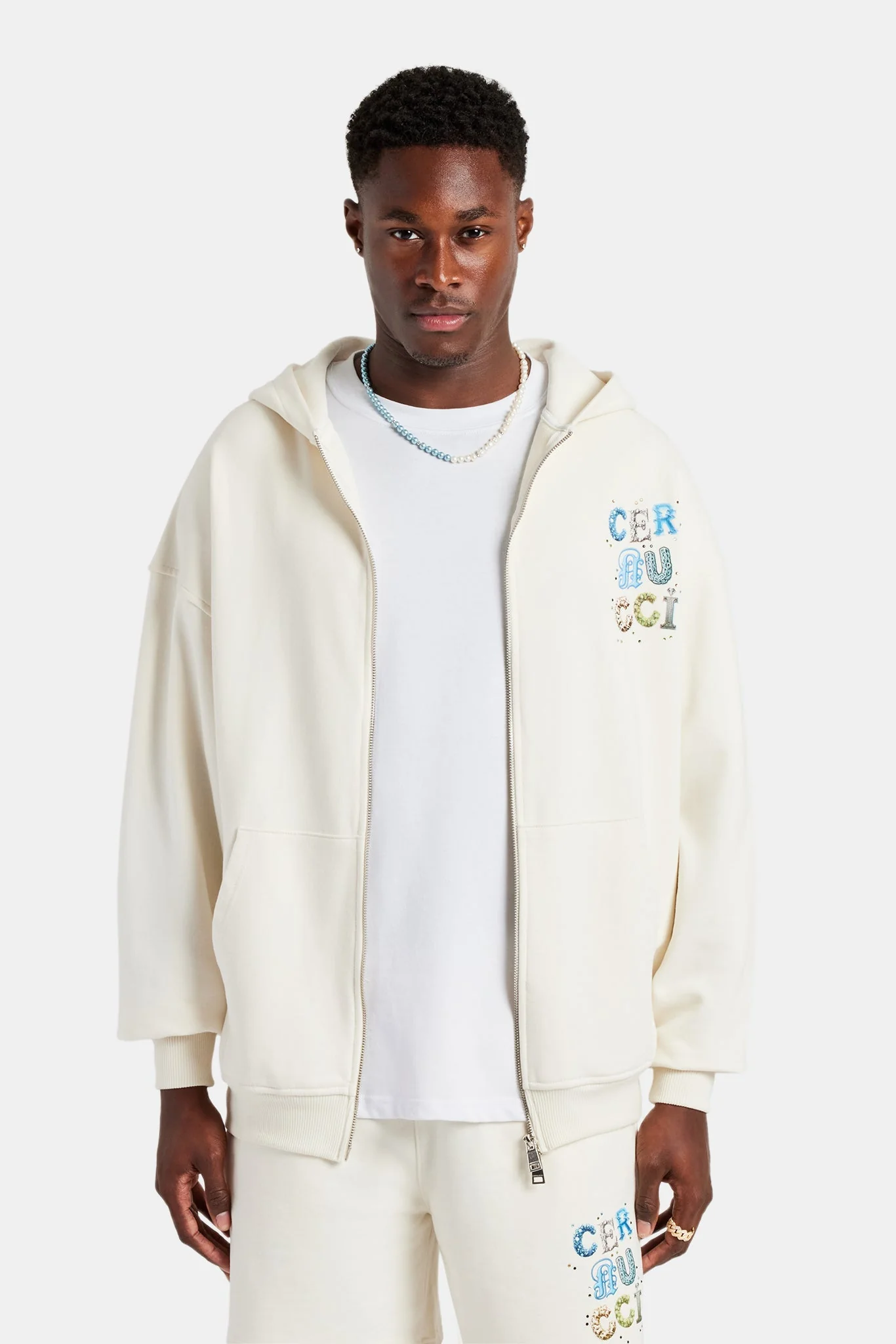 Cernucci Letter Rhinestone Zip Through Hoodie - Off White - Image 3