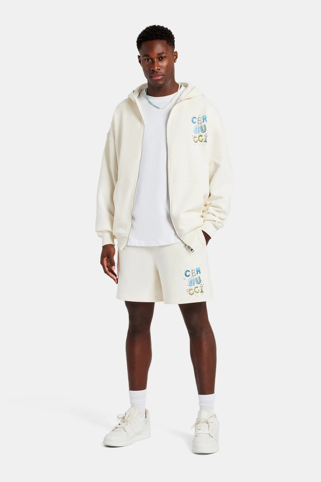 Cernucci Letter Rhinestone Zip Through Hoodie - Off White - Image 4
