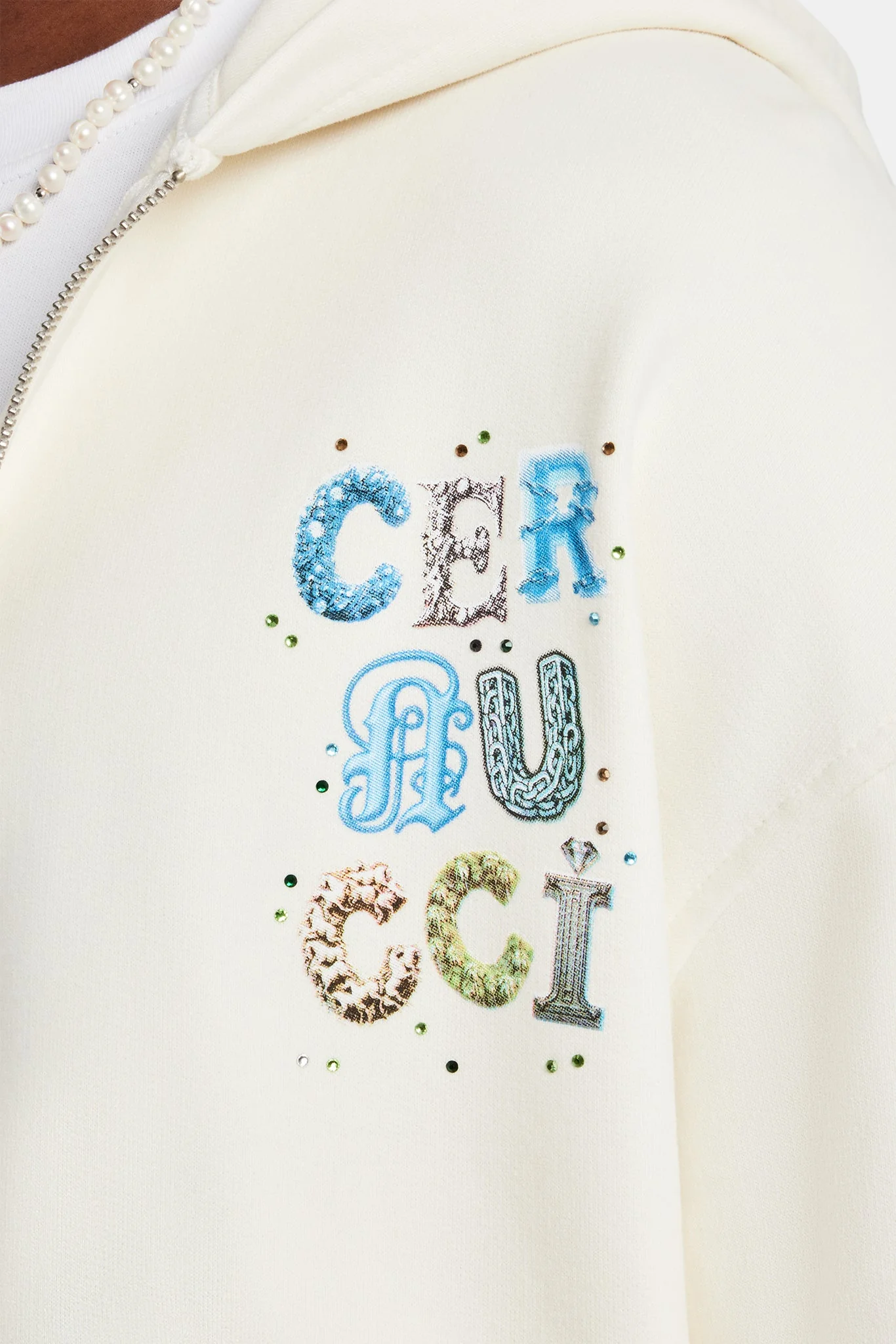 Cernucci Letter Rhinestone Zip Through Hoodie & Short Set - Off White - Image 3