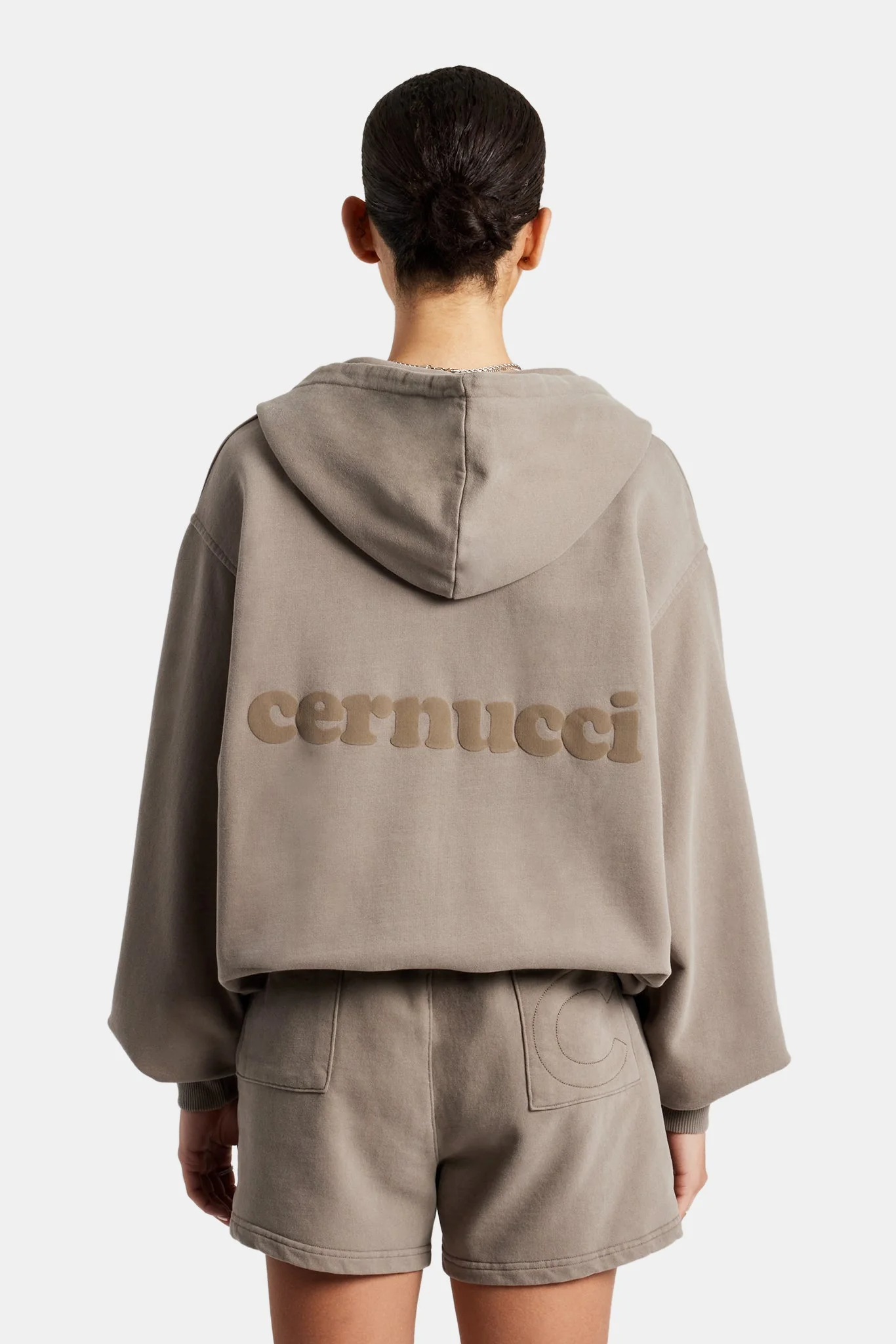 Cernucci Zip Through Hoodie & Short Set - Taupe - Image 3