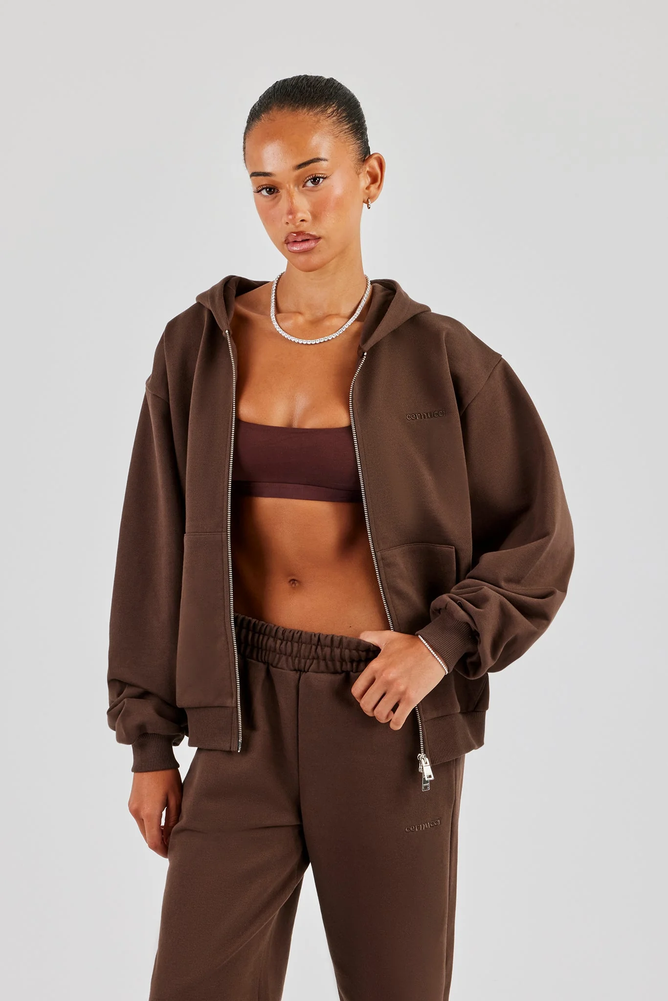 Cernucci Oversized Zip Through Hoodie - Chocolate - Image 3