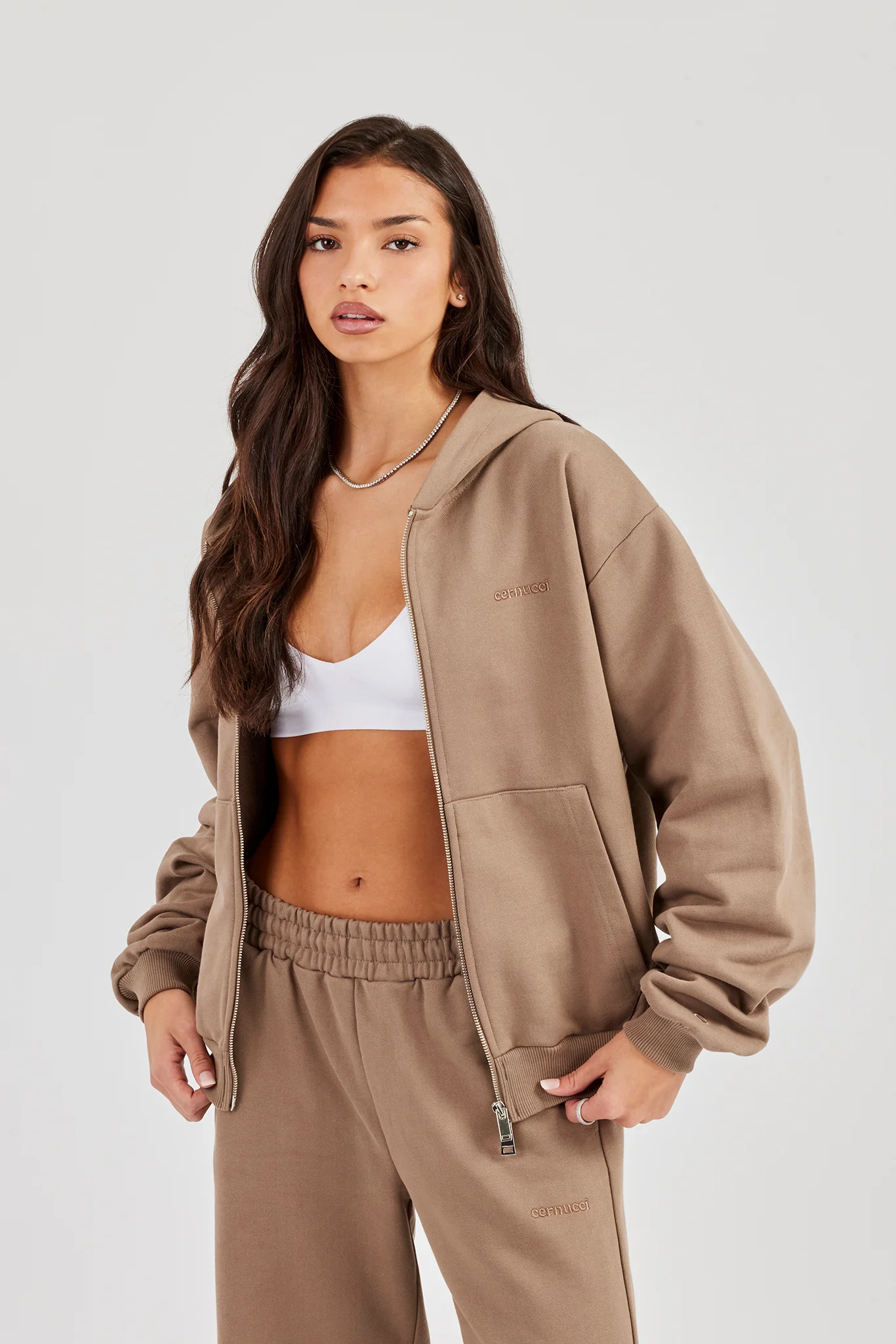 Cernucci Oversized Zip Through Hoodie - Taupe - Image 2