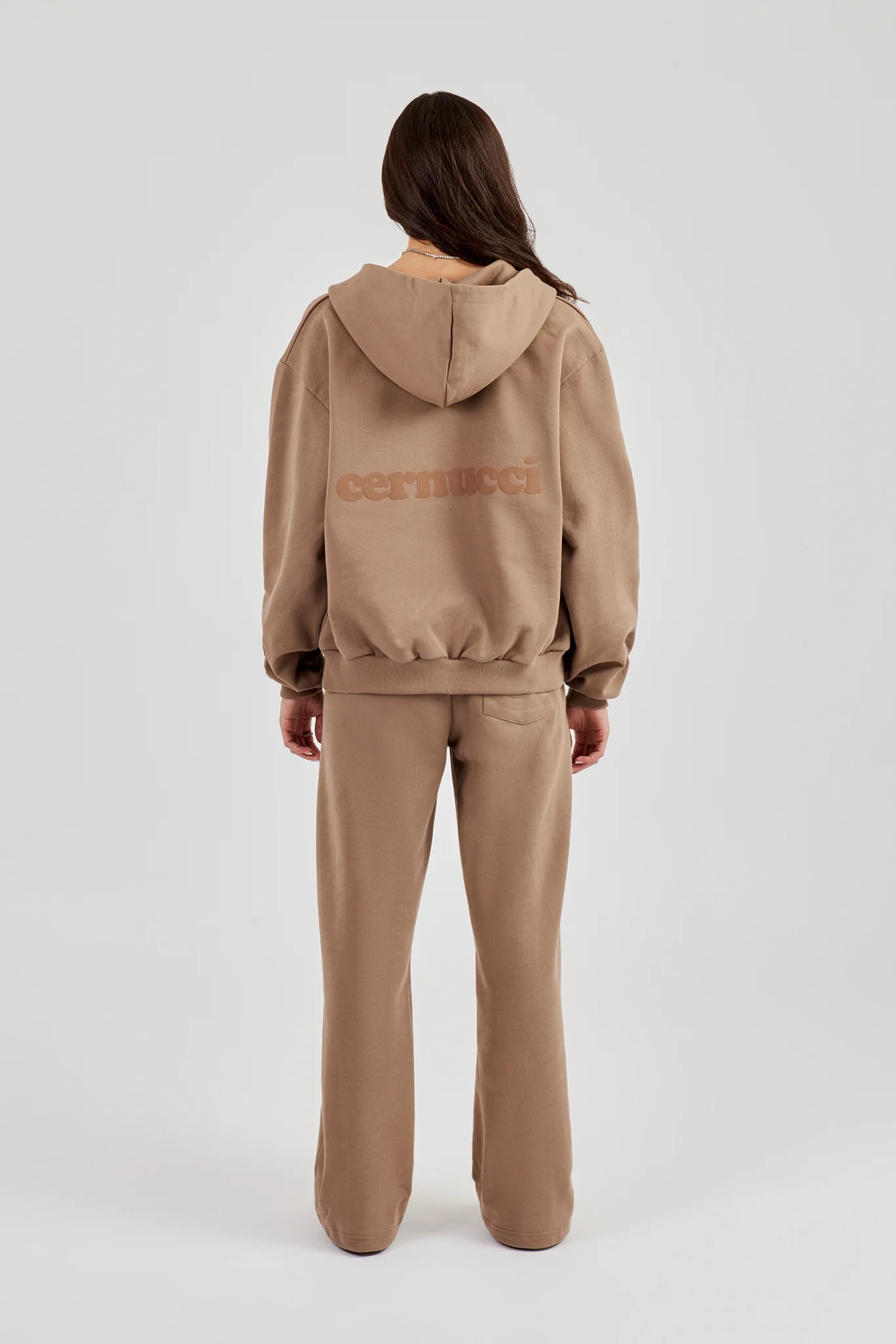 Cernucci Oversized Zip Through Hoodie Wide Leg Jogger - Taupe - Image 3