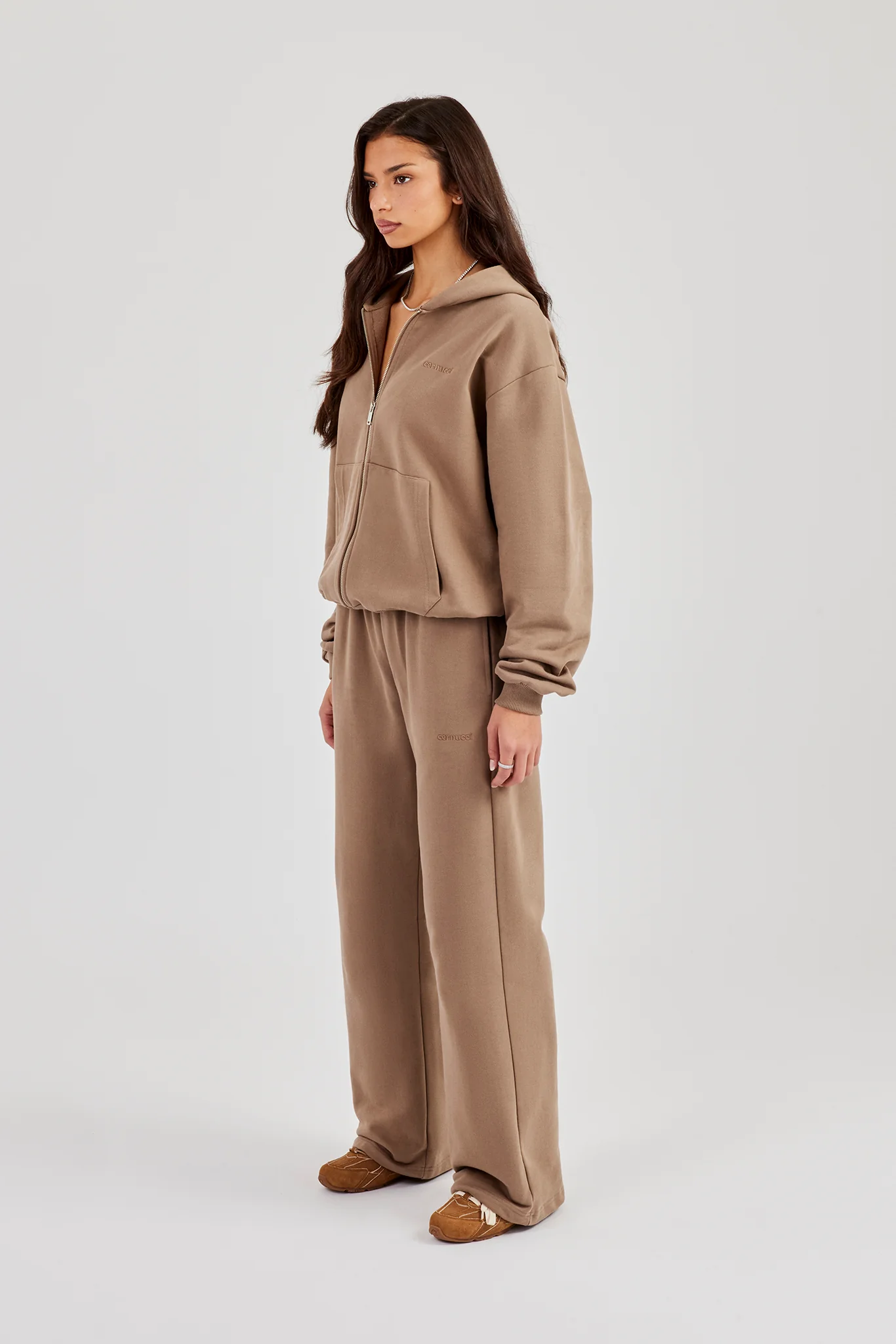 Cernucci Oversized Zip Through Hoodie Wide Leg Jogger - Taupe - Image 6