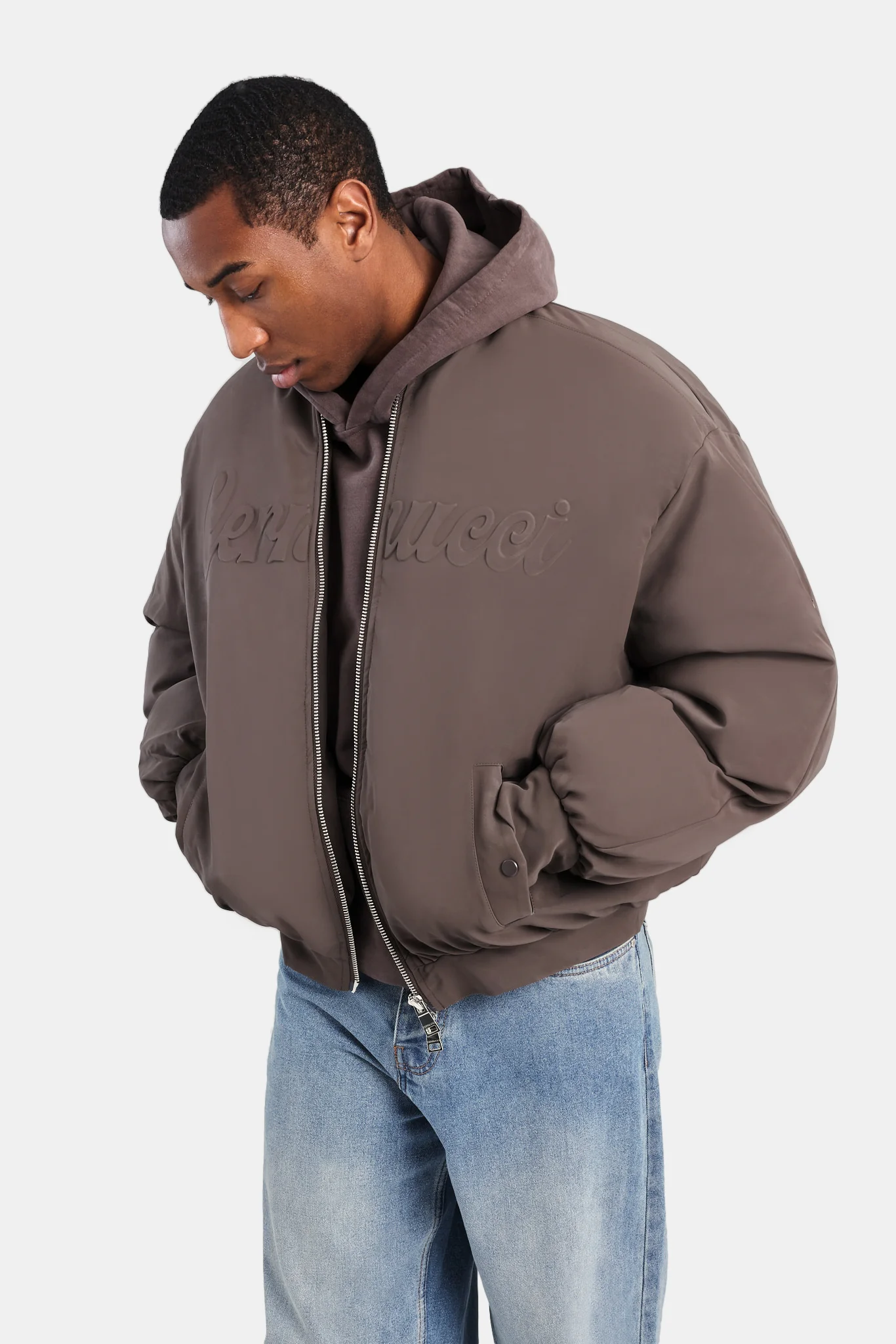 Cernucci PU Puffer Bomber Jacket - Brown - Image 4