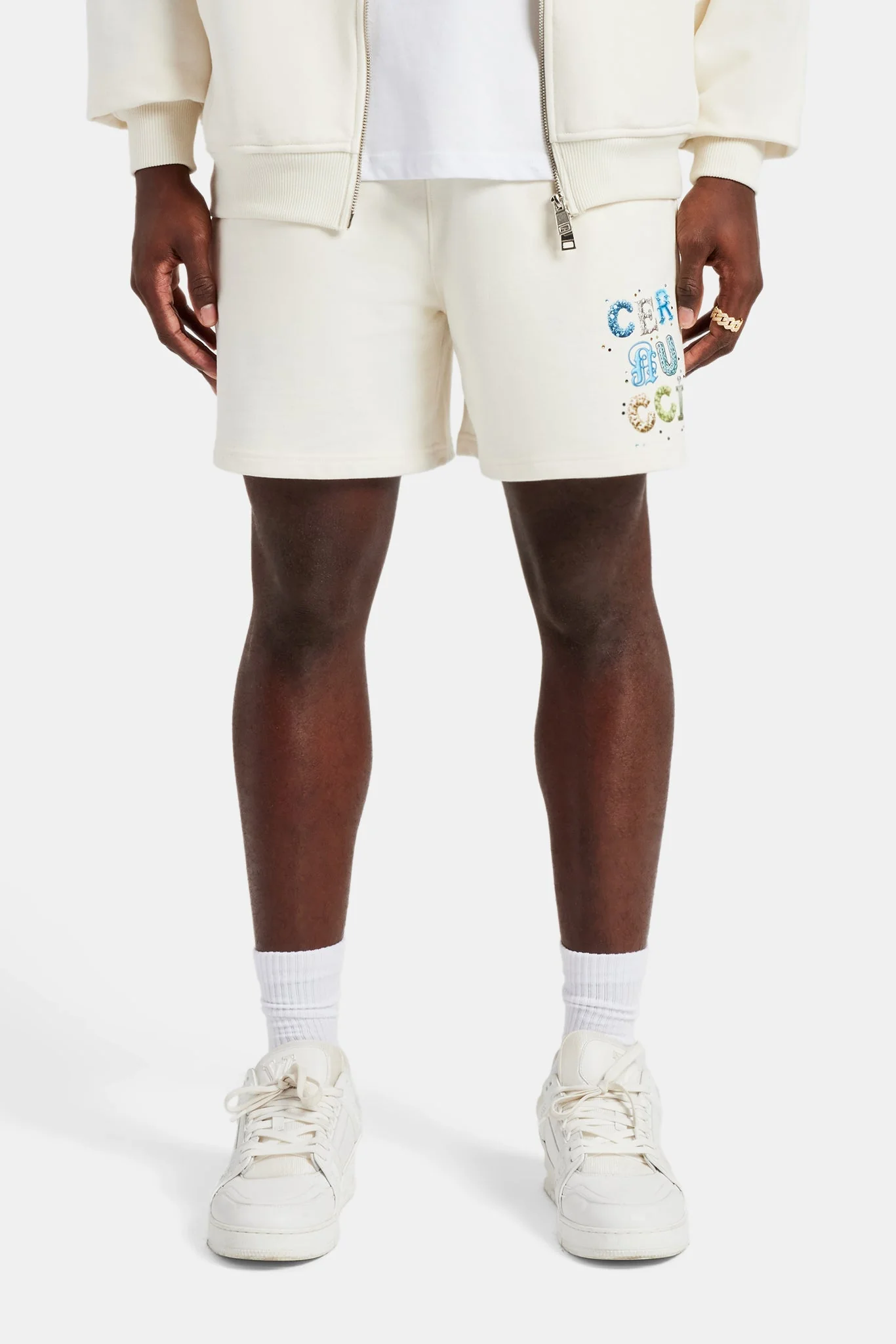 Cernucci Relaxed Letter Rhinestone Shorts - Off White - Image 4