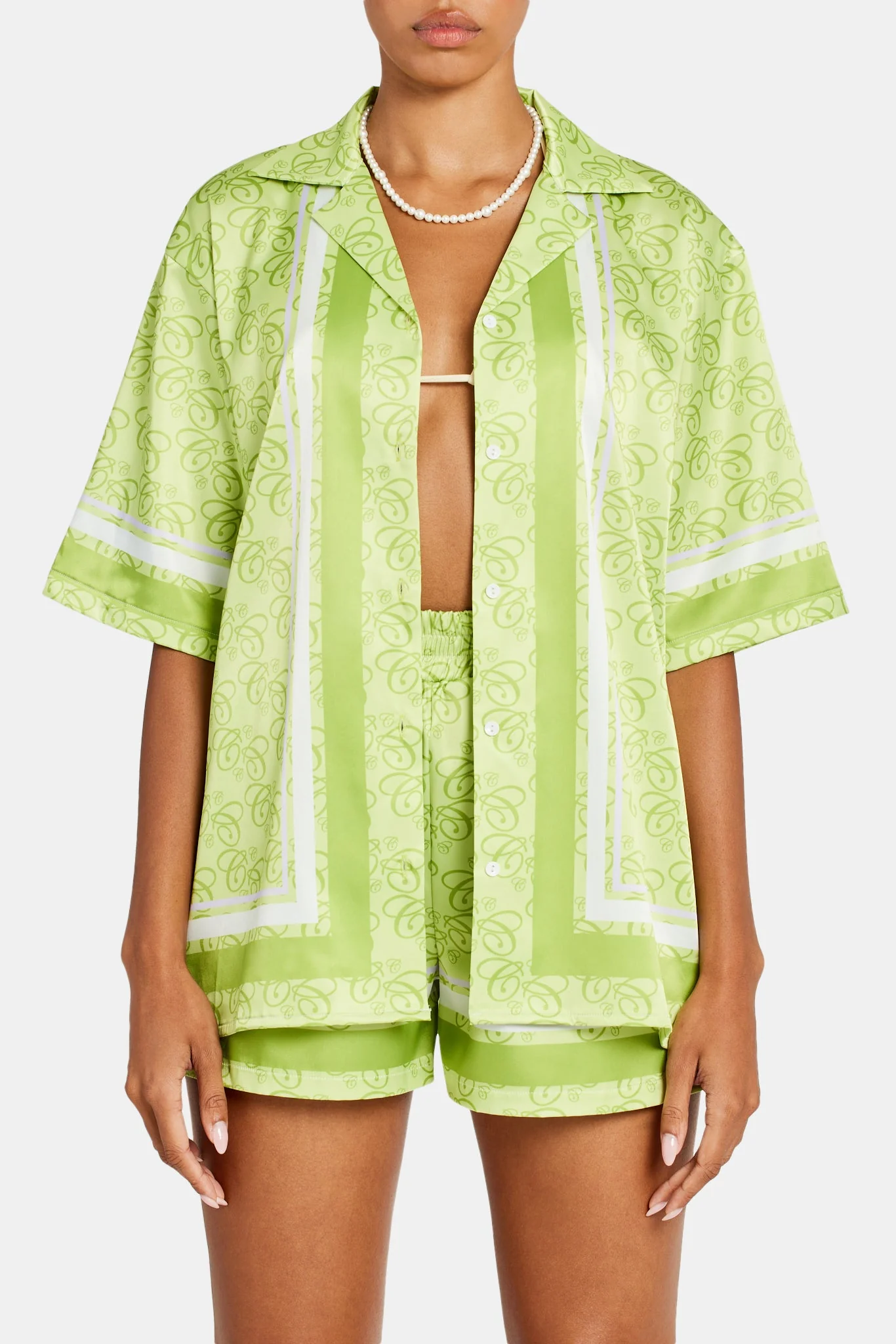 Cernucci Repeat Logo Border Satin Shirt - Lime - Image 2