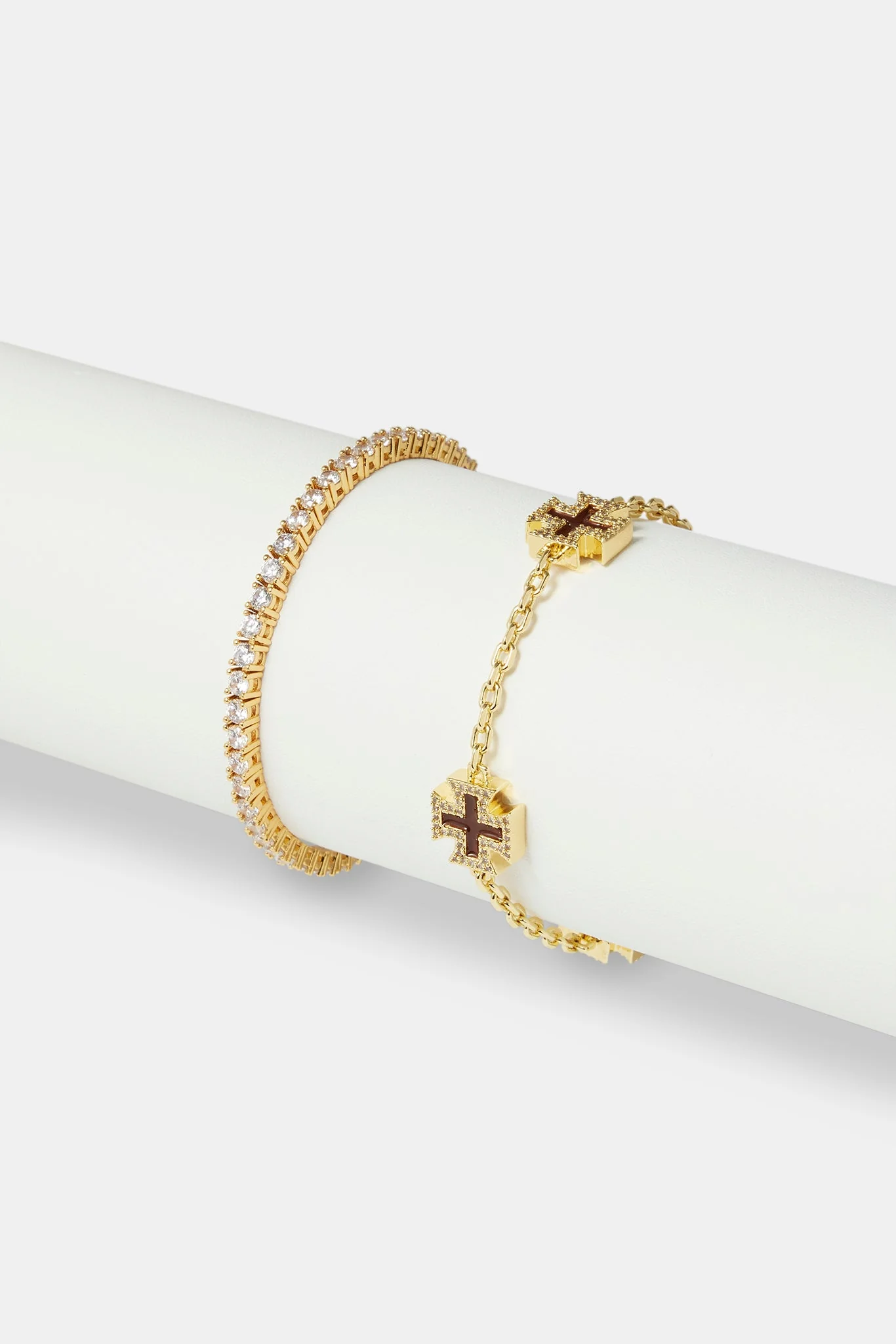 Chocolate Brown Cross Motif Bracelet & 3mm Tennis Bracelet - Gold - Image 2