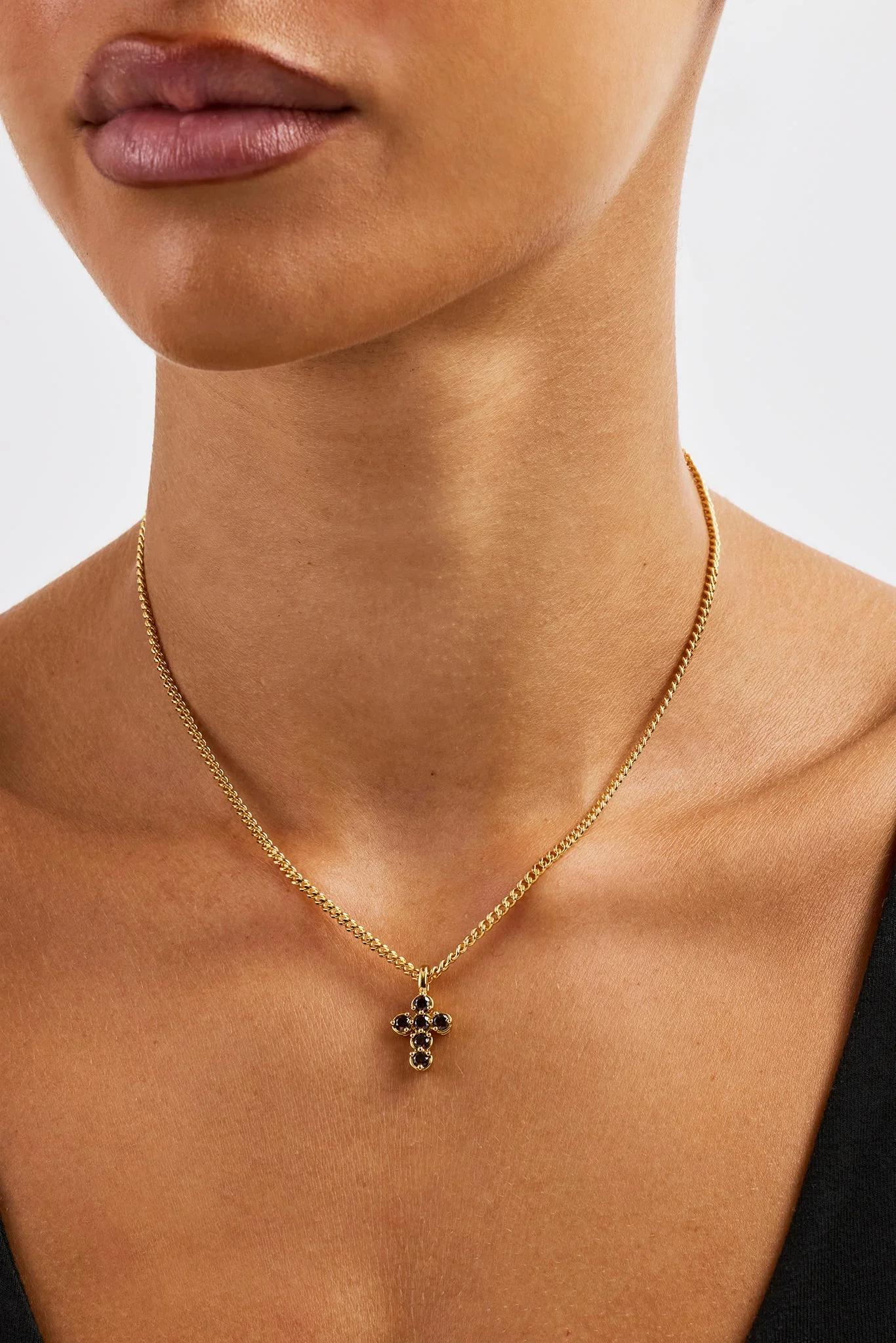 Chocolate CZ Stone Cross Necklace - 2.5mm - Gold - Image 3