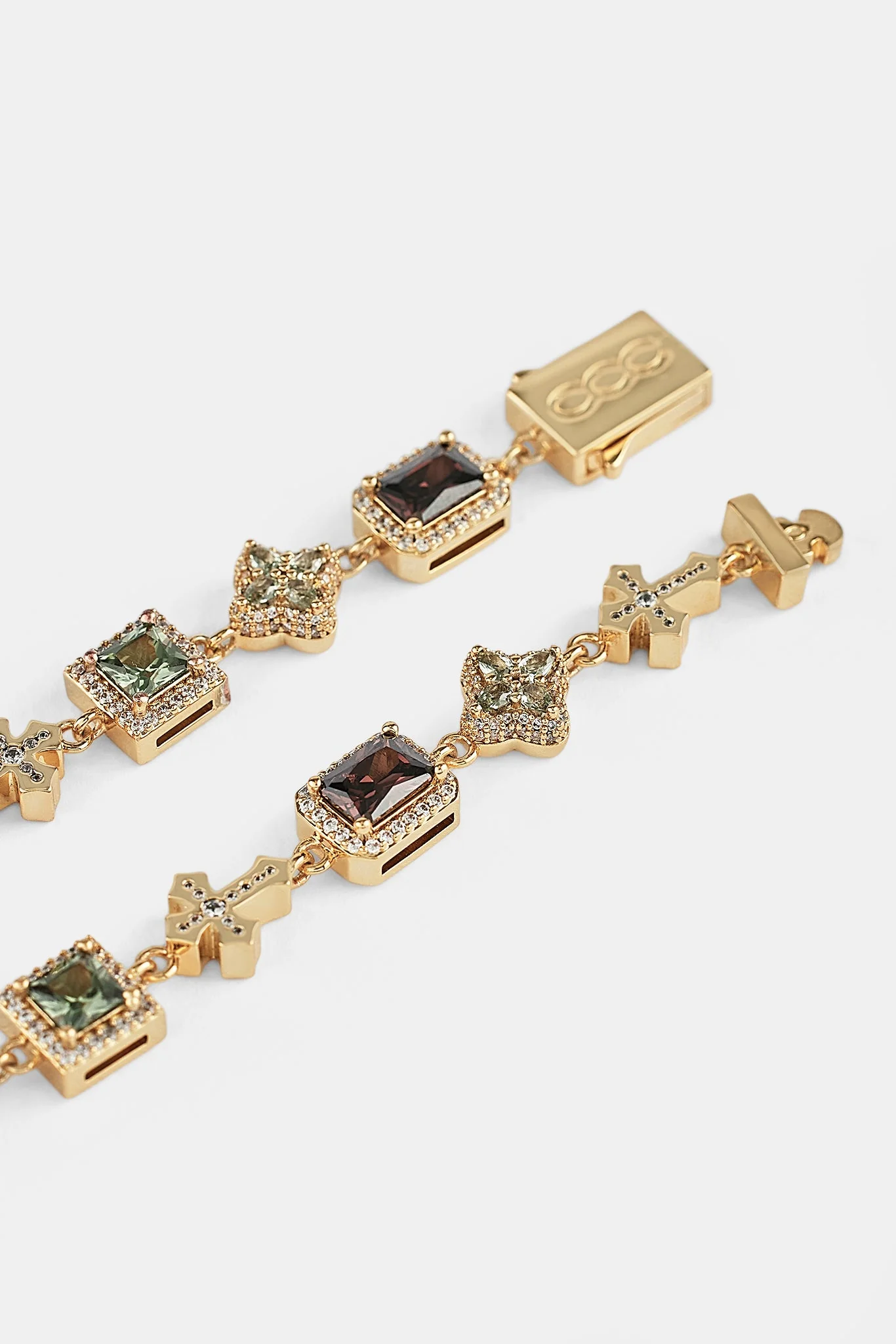 Chocolate Motif & Cross Multi Gemstone Bracelet -  8mm - Gold - Image 3