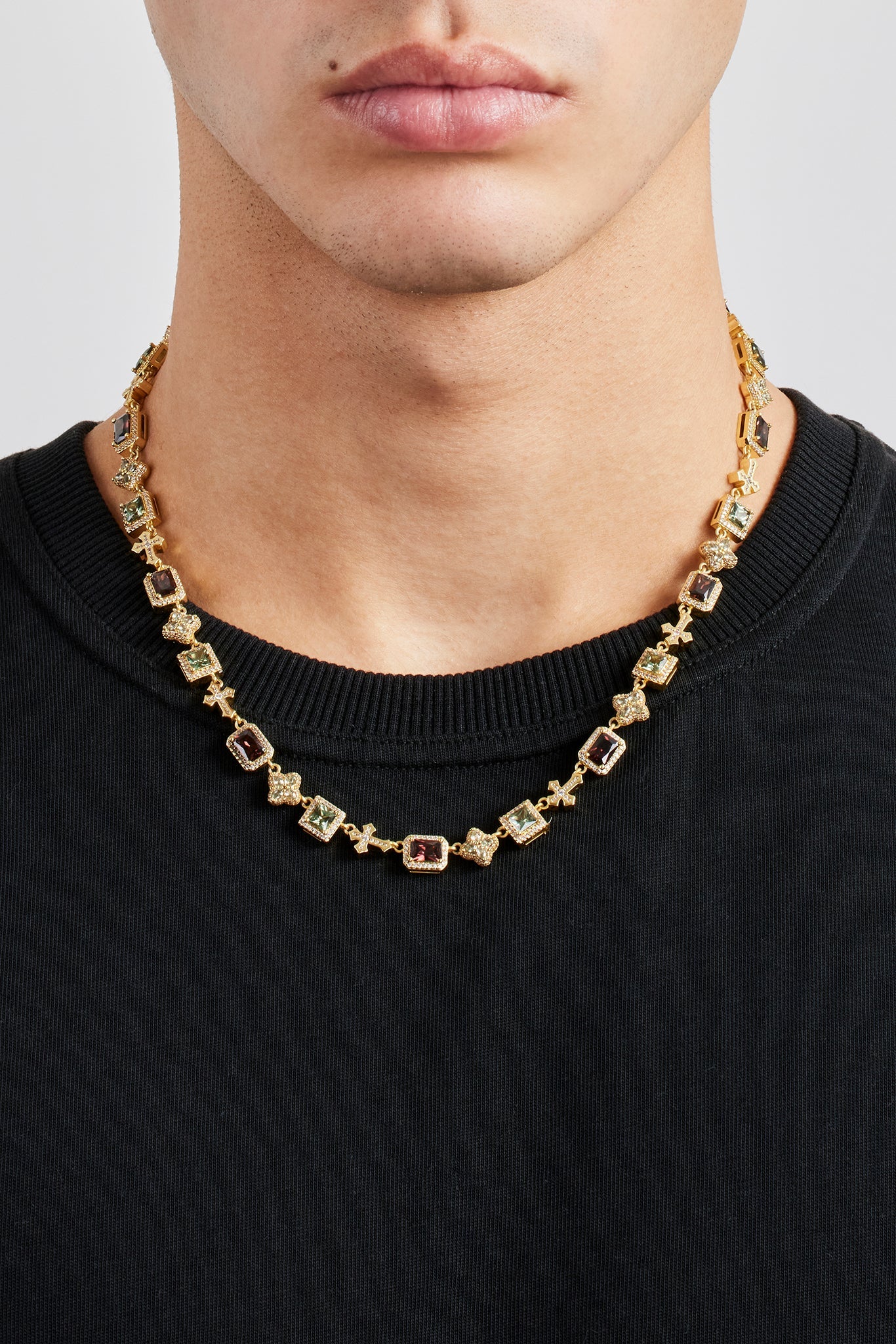 Chocolate Motif & Cross Multi Gemstone Chain -Â 8mm - Gold - Image 2
