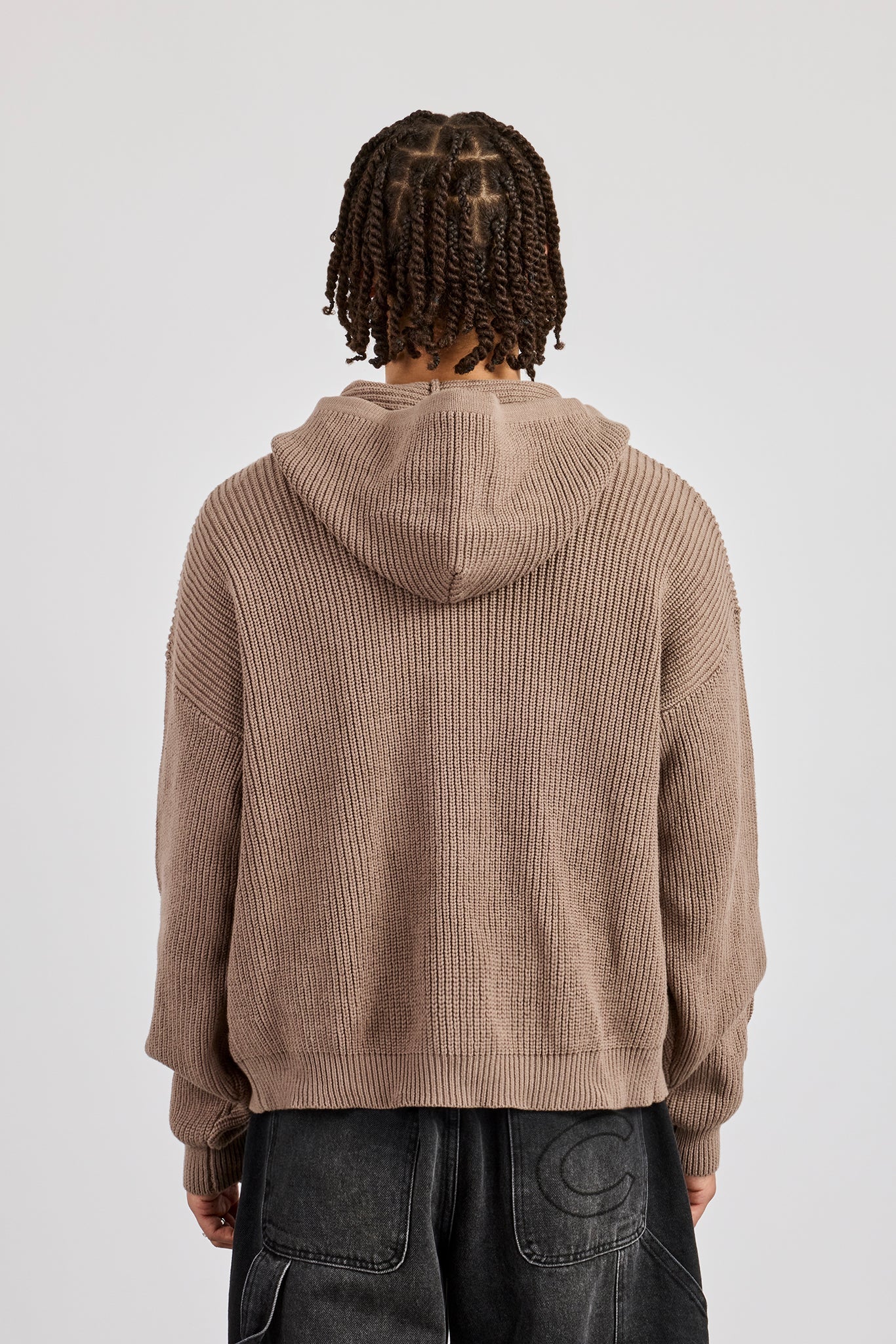 Chunky Knitted Zip Through Hoodie - Taupe - Image 4