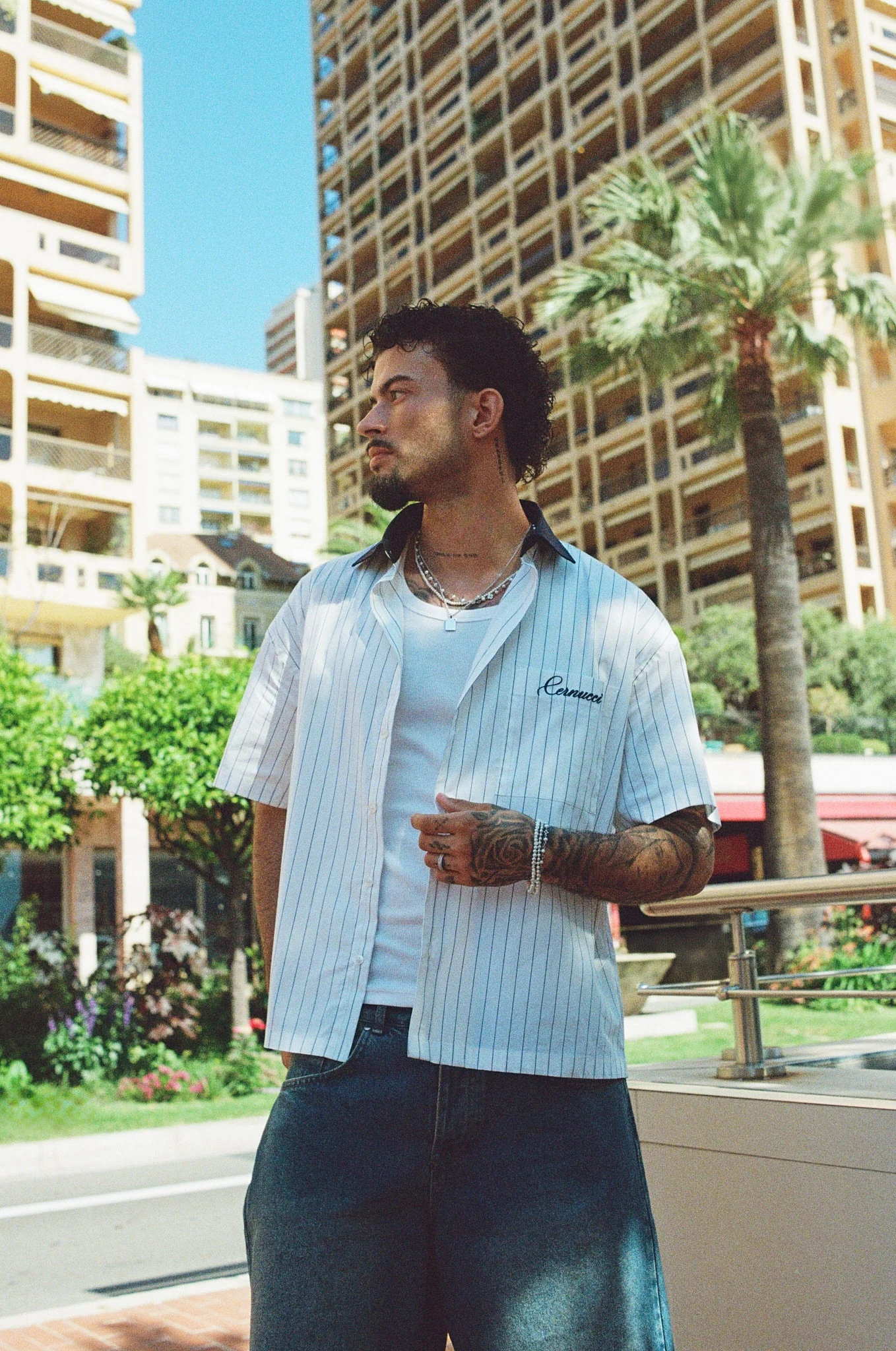 Contrast Collar Short Sleeve Stripe Shirt - Navy - Image 2